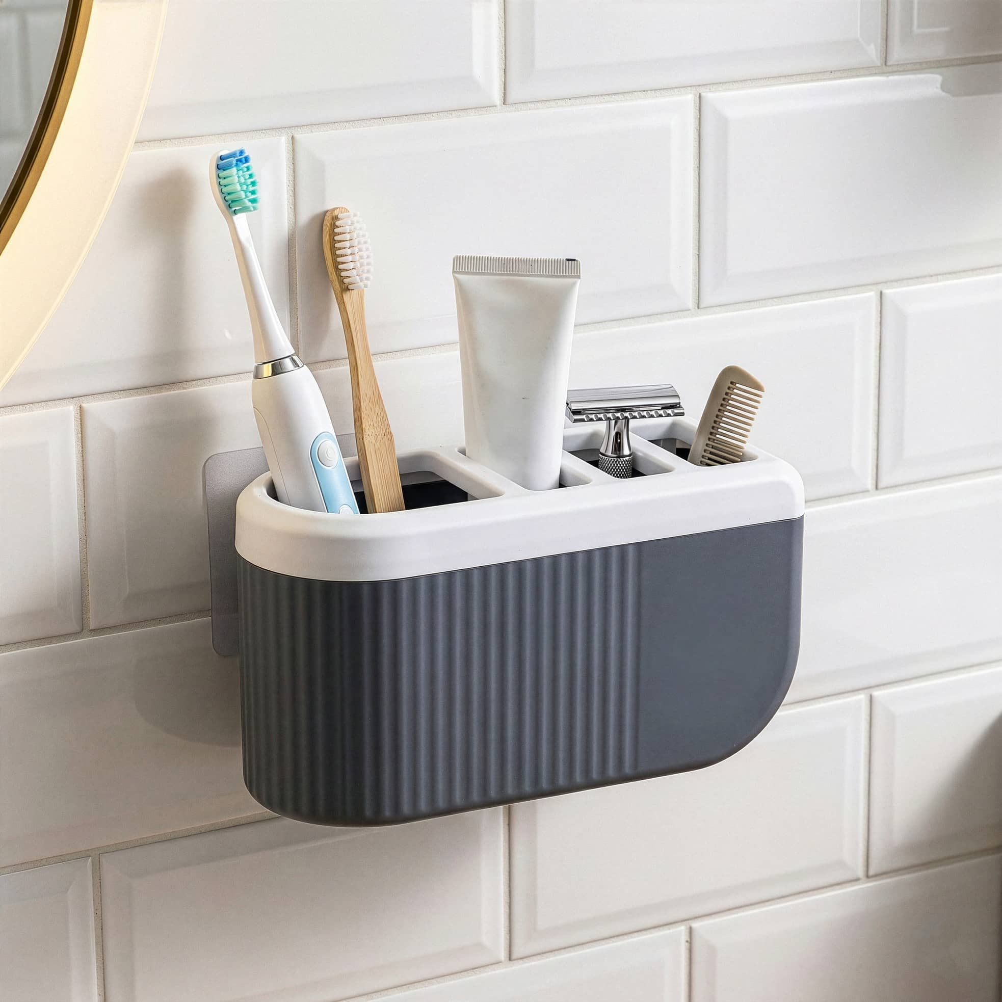 MAGICSPOON ABS Plastic Multi Section Wall Mounted Toothbrush Toothpaste Holder | Bathroom Toiletries Organizer Stand ABS Plastic Toothbrush Holder