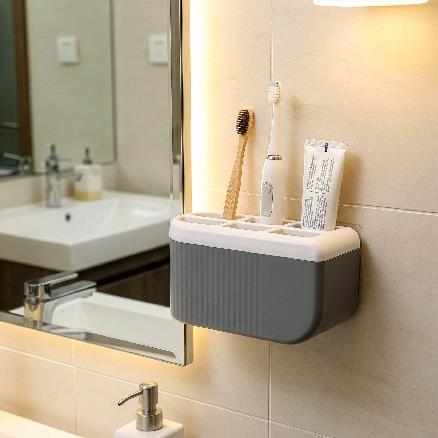 MAGICSPOON ABS Plastic Multi Section Wall Mounted Toothbrush Toothpaste Holder | Bathroom Toiletries Organizer Stand ABS Plastic Toothbrush Holder