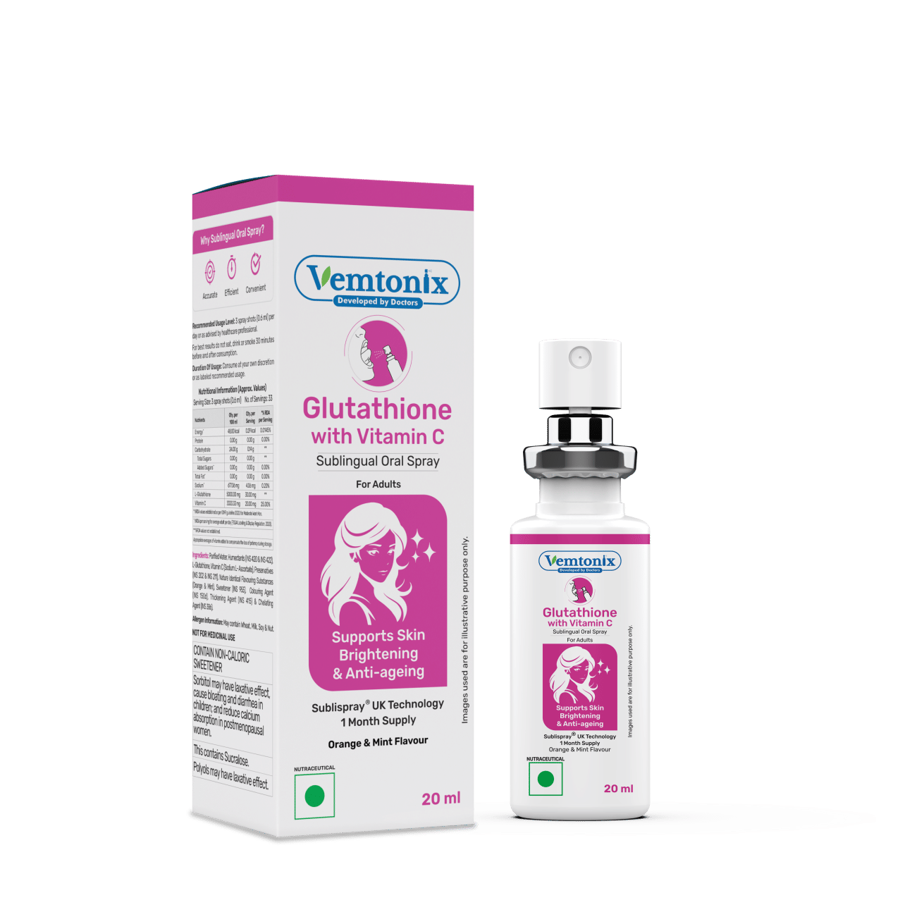 l glutathione and vitamin c spray Vemtonix Sublingual Oral 20 ml ( Pack of 1 ) 5-Amino (5-Amino-1MQ) Even Skin Tone Routine Pack Size:300g (30 Servings)