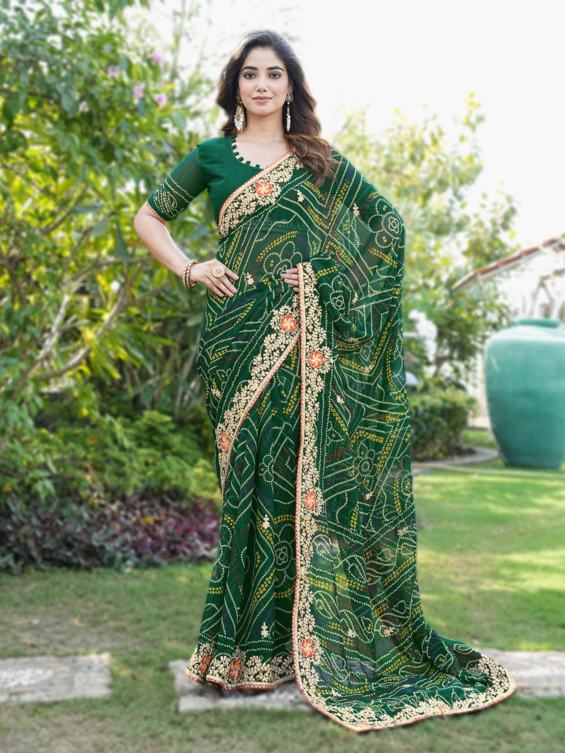 Rangtulika Ethnics Georgette Printed Bandhani Sarees With Unstitched Blouse Piece ( Green ) - Sarees | Buy online on ZillyBuy