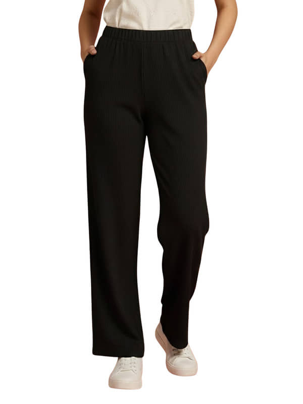 DE TRENDZ Women Cotton Blend Wide Leg Trousers ( Black ) - Trousers | Buy online on ZillyBuy