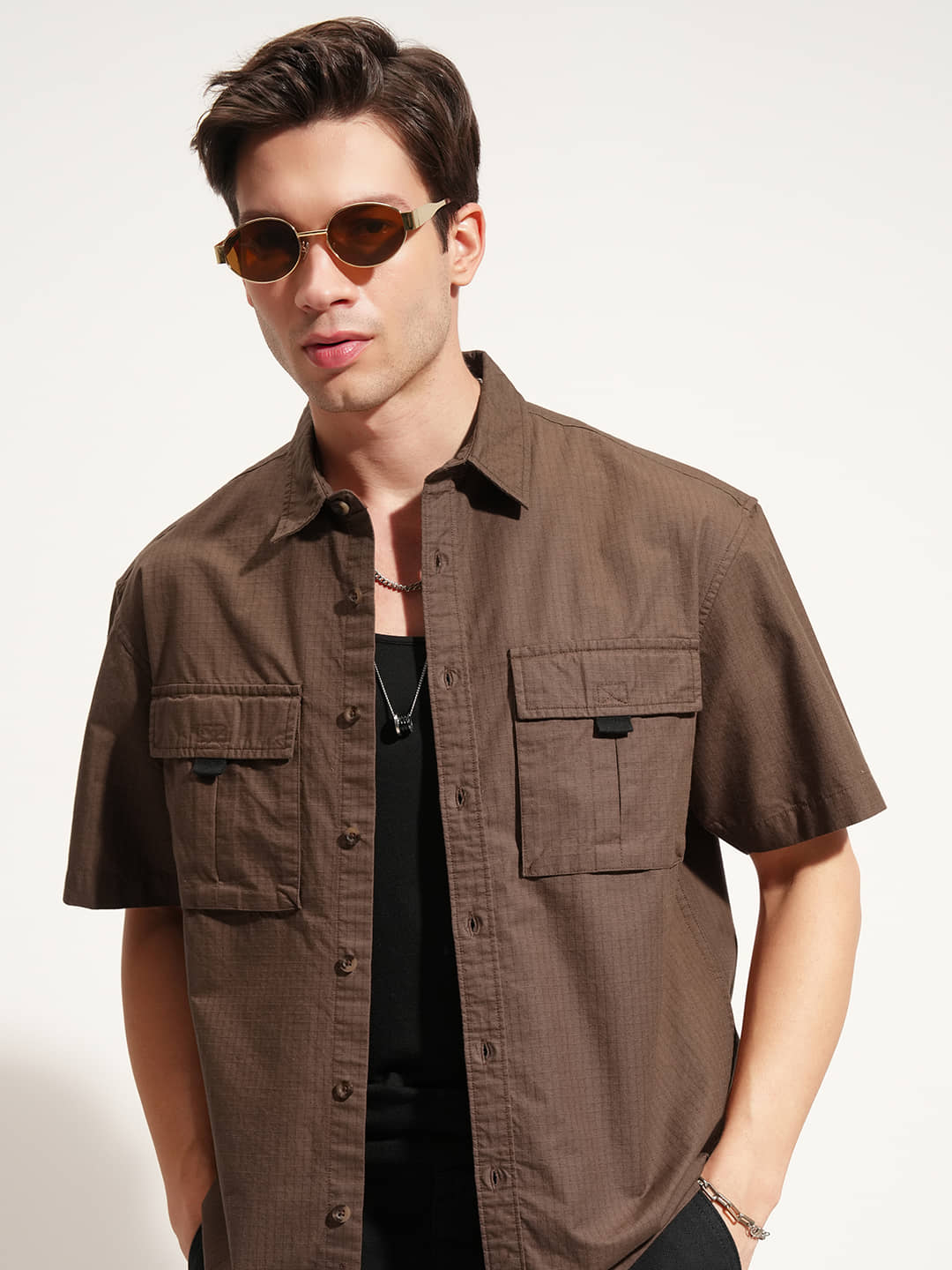 Highlander 100% Cotton Oversized Fit Self Design Half Sleeves Men's Casual Shirt - Brown ( Pack of 1 )