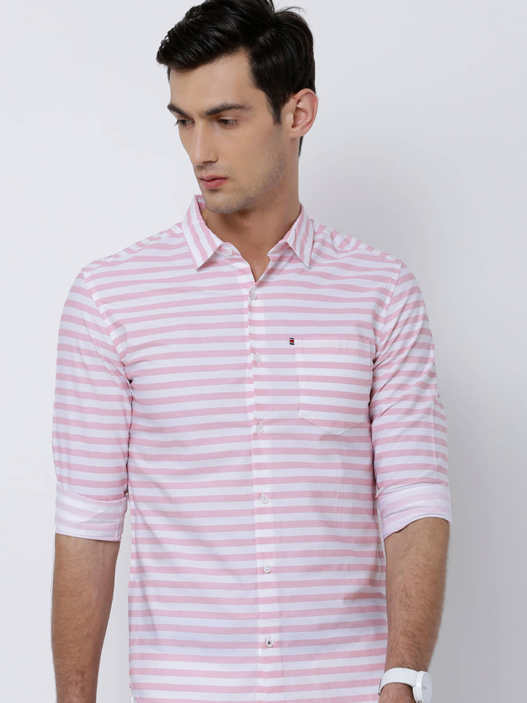 Highlander 100% Cotton Slim Fit Striped Full Sleeves Men's Casual Shirt - White ( Pack of 1 )