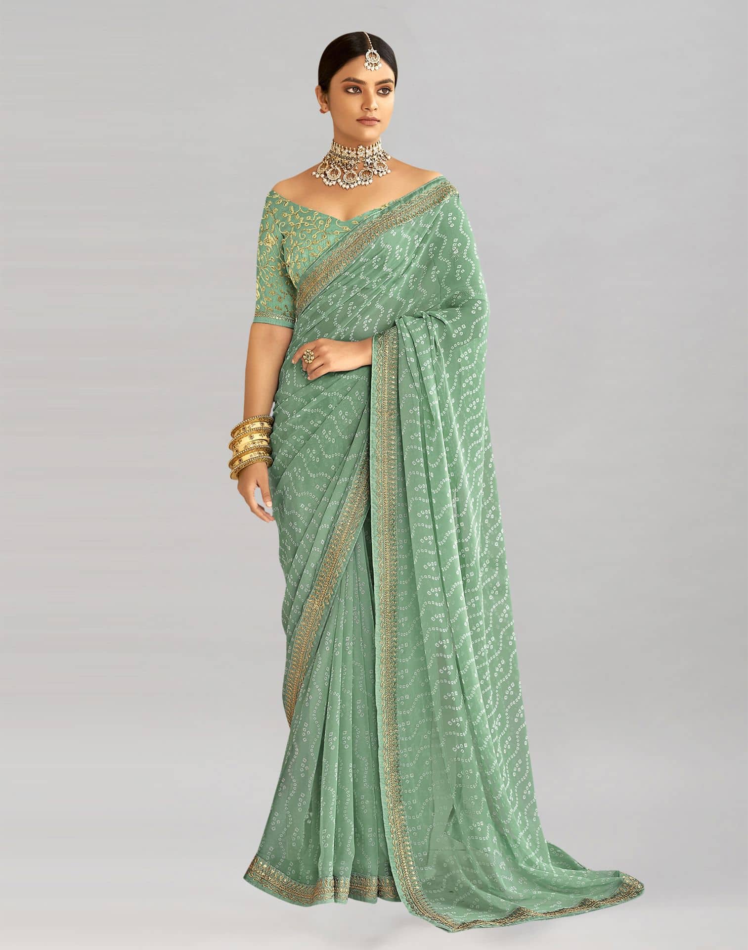 Samah Georgette Printed Bandhani Sarees With Unstitched Blouse Piece ( Multicolor ) - Sarees | Buy online on ZillyBuy