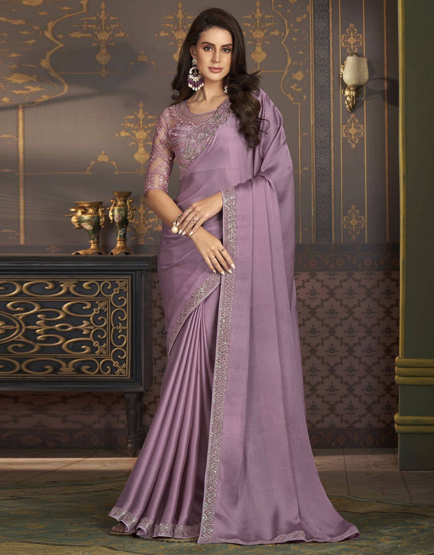 Satrani Satin Solid Regular Saree With Unstitched Blouse Piece ( Purple ) - Sarees | Buy online on ZillyBuy