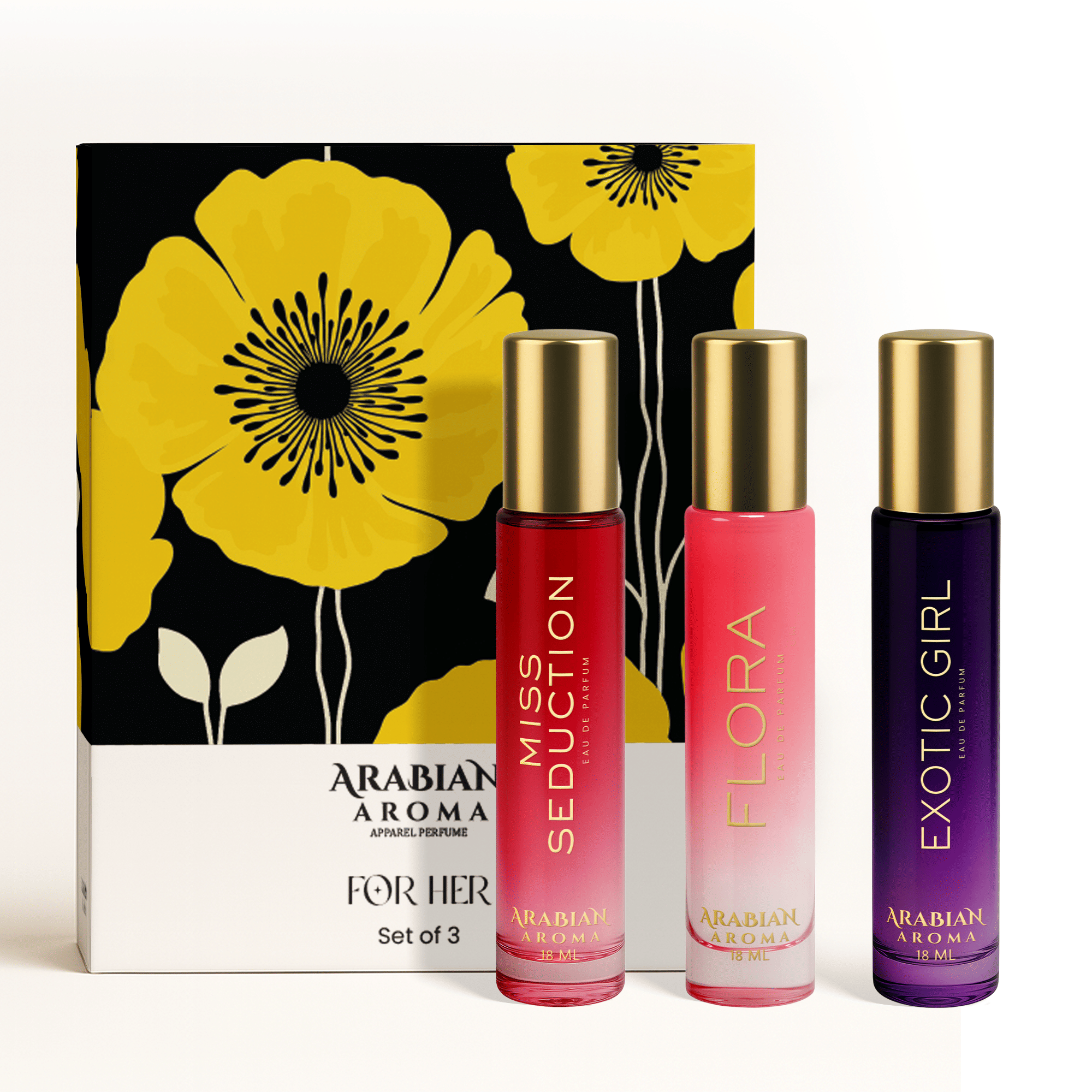 Arabian Aroma Perfume Set for Her – Miss Seduction, Flora & Exotic Girl – Eau De Parfum 18ml Each