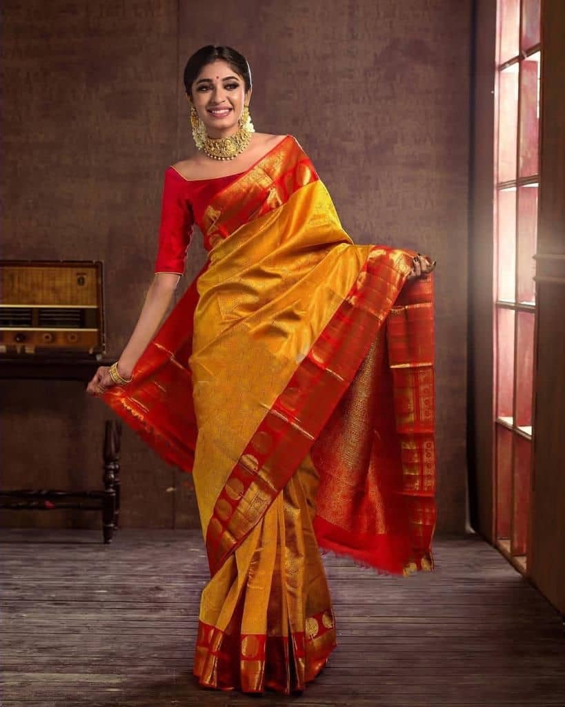 fab woven Art Silk Woven Design Banarasi saree With Unstitched Blouse Piece ( Yellow ) - Sarees | Buy online on ZillyBuy