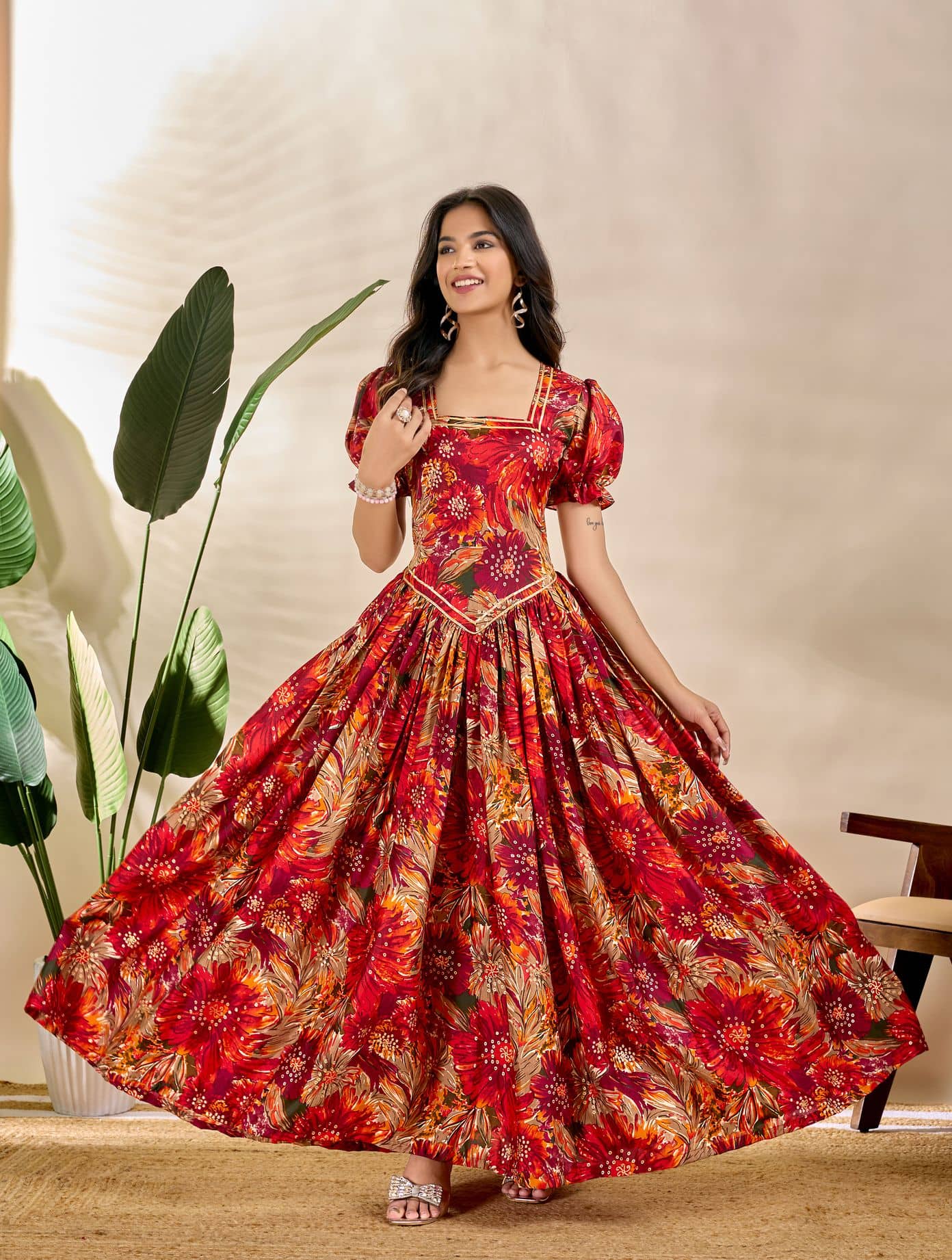slim fit dress slacks Floral Printed Smocked Fit & Flare Puff Sleeves Maxi Dress XL main image 1