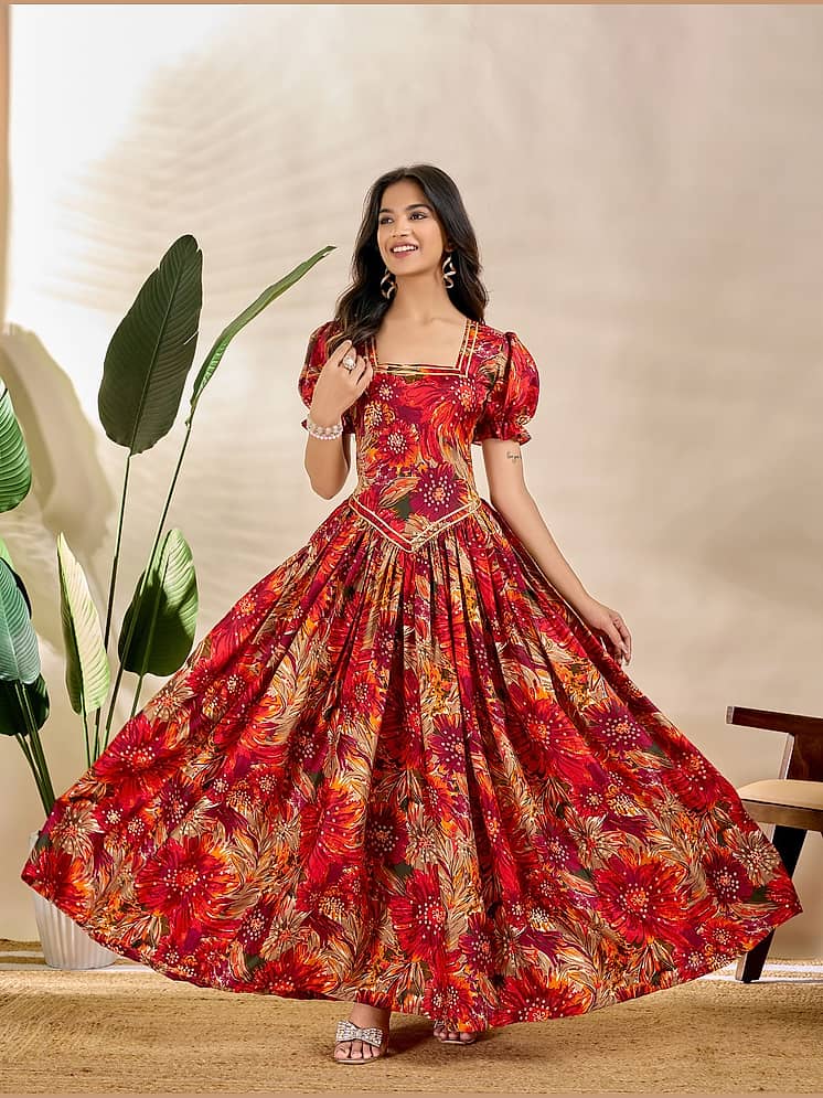 AMIRA'S INDIAN ETHNICWEAR Cotton Printed Ankle Length Women's Fit & Flare Dress - Pink ( Pack of 1 ) AMIRA'S INDIAN ETHNICWEAR Cotton Printed Ankle Length Women's Fit & Flare Dress - Pink ( Pack of 1 )