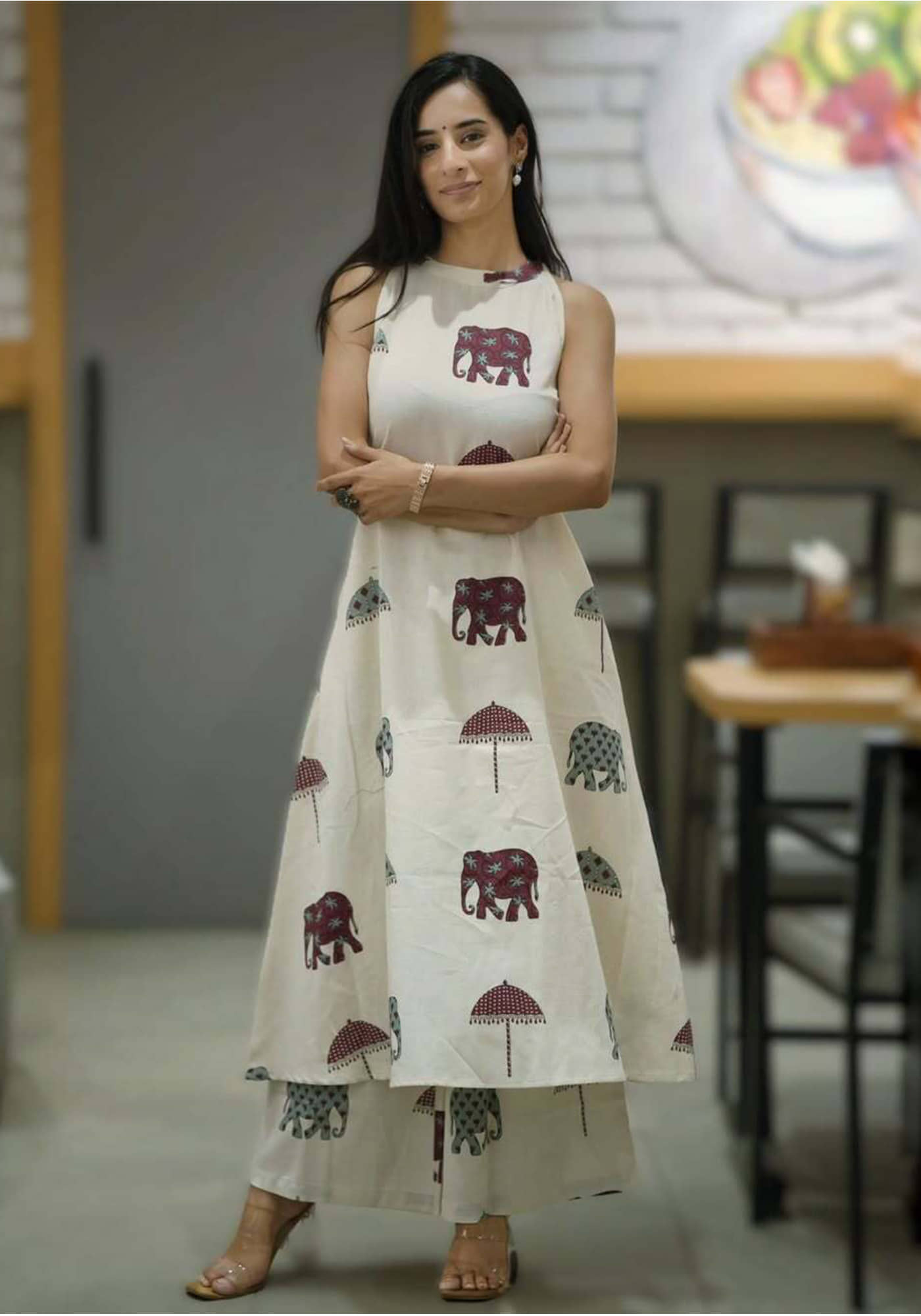 Nirja Fab Women Cotton Blend Printed A-line Kurti With Pants ( Off White )
