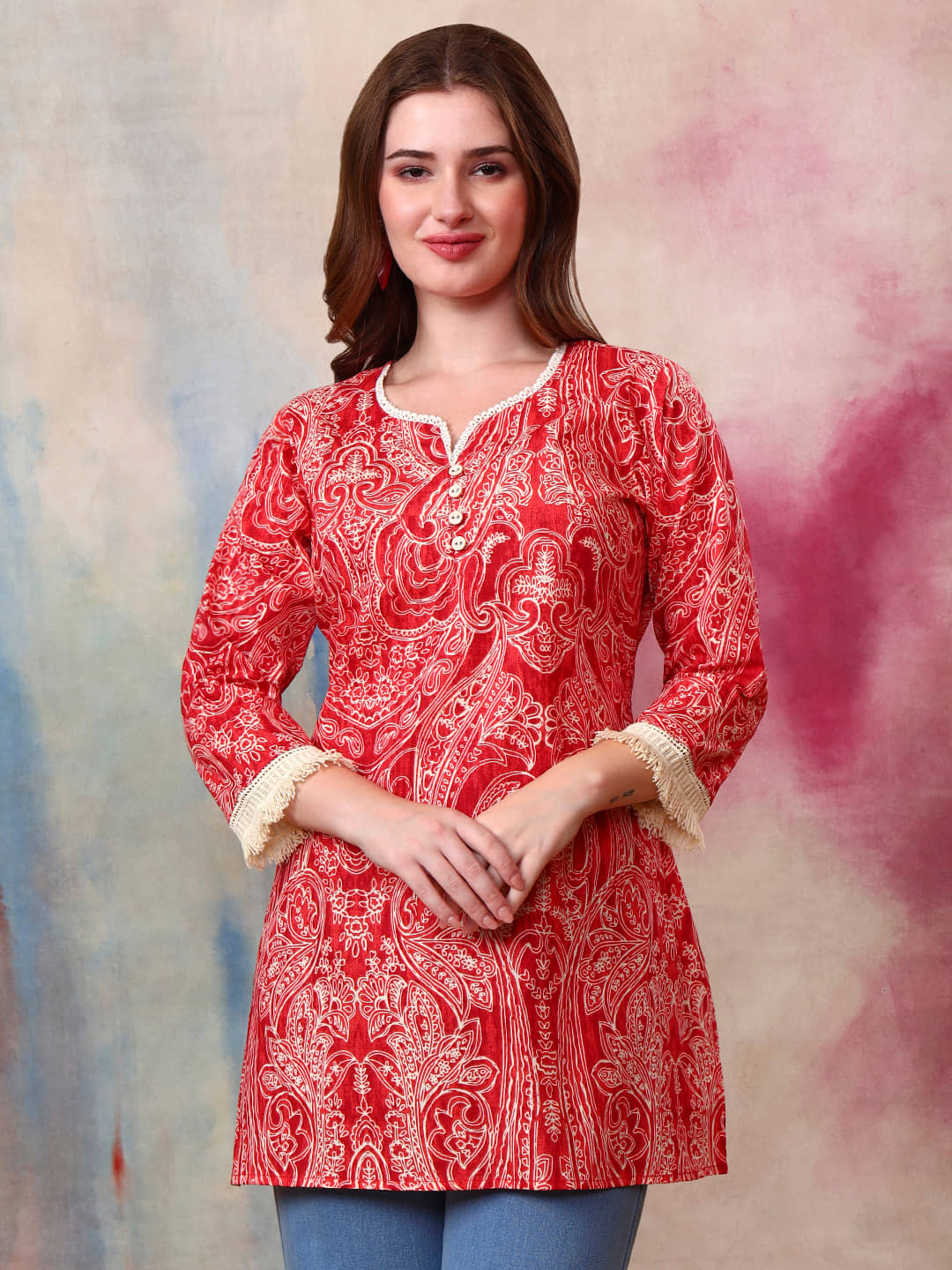Tissu Women Cotton Printed Straight Kurti ( Red ) - Kurtis, Tunics | Buy online on ZillyBuy