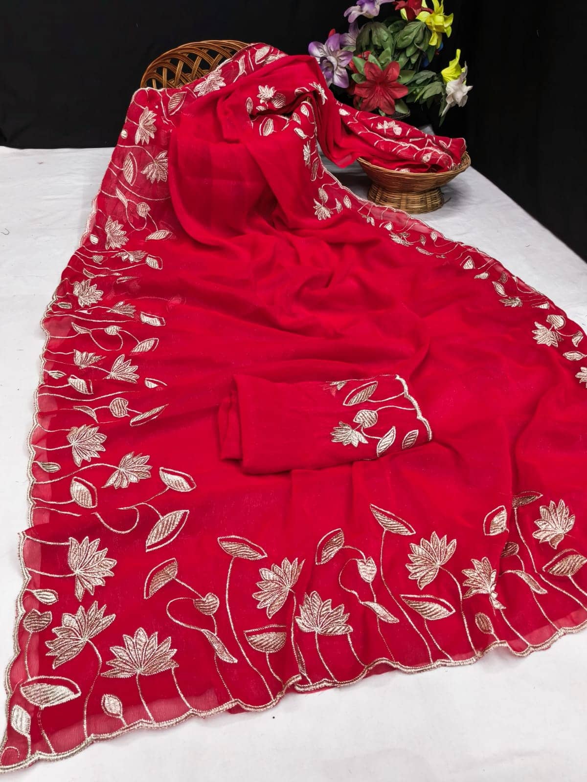 kyara group Shimmer Embroidered Banarasi saree With Unstitched Blouse Piece ( Red ) - Sarees | Buy online on ZillyBuy