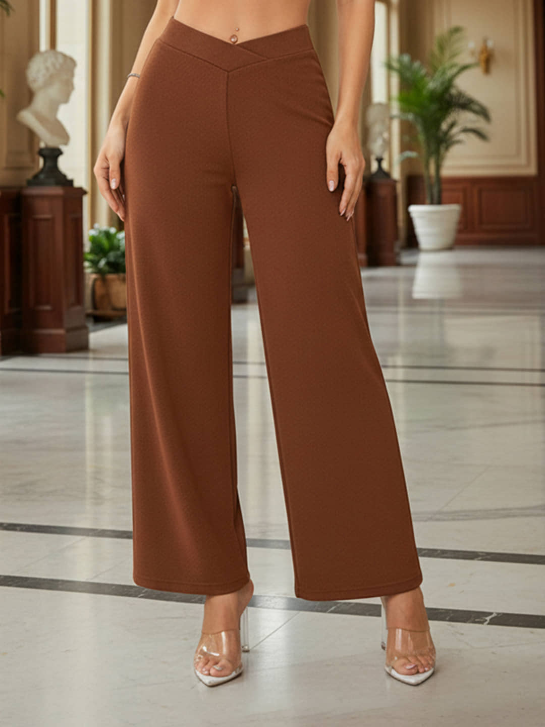 DTR FASHION Women Cotton Blend Wide Leg Trousers ( Brown ) - Trousers | Buy online on ZillyBuy