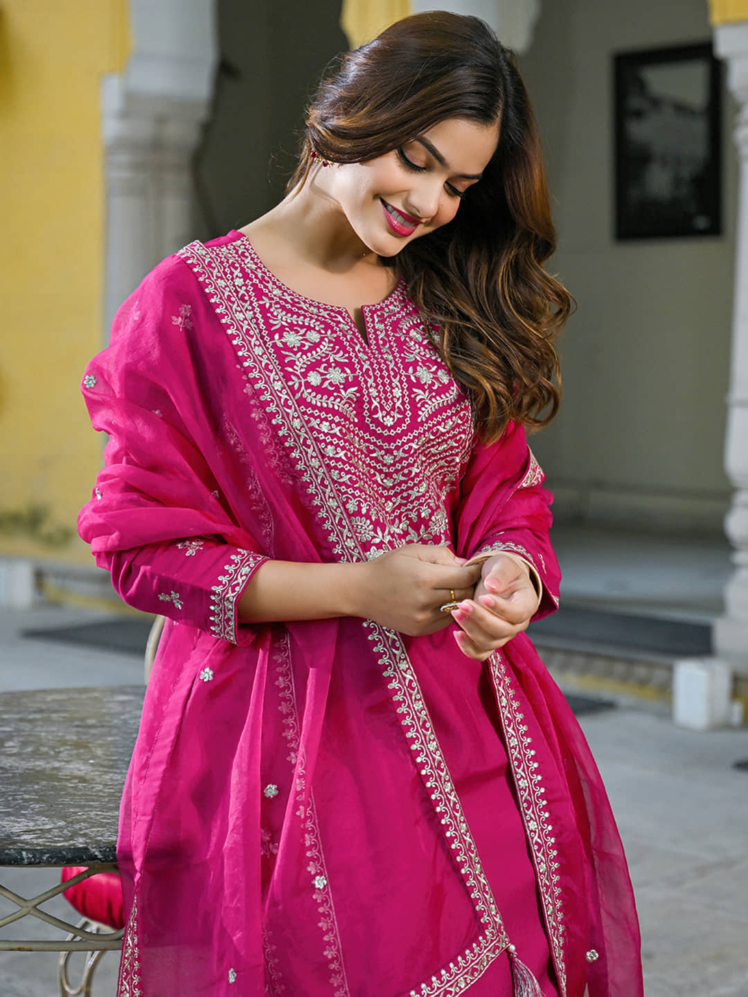 Vaamsi Women Silk Blend Self Design Straight Kurti With Palazzo ( Pink )