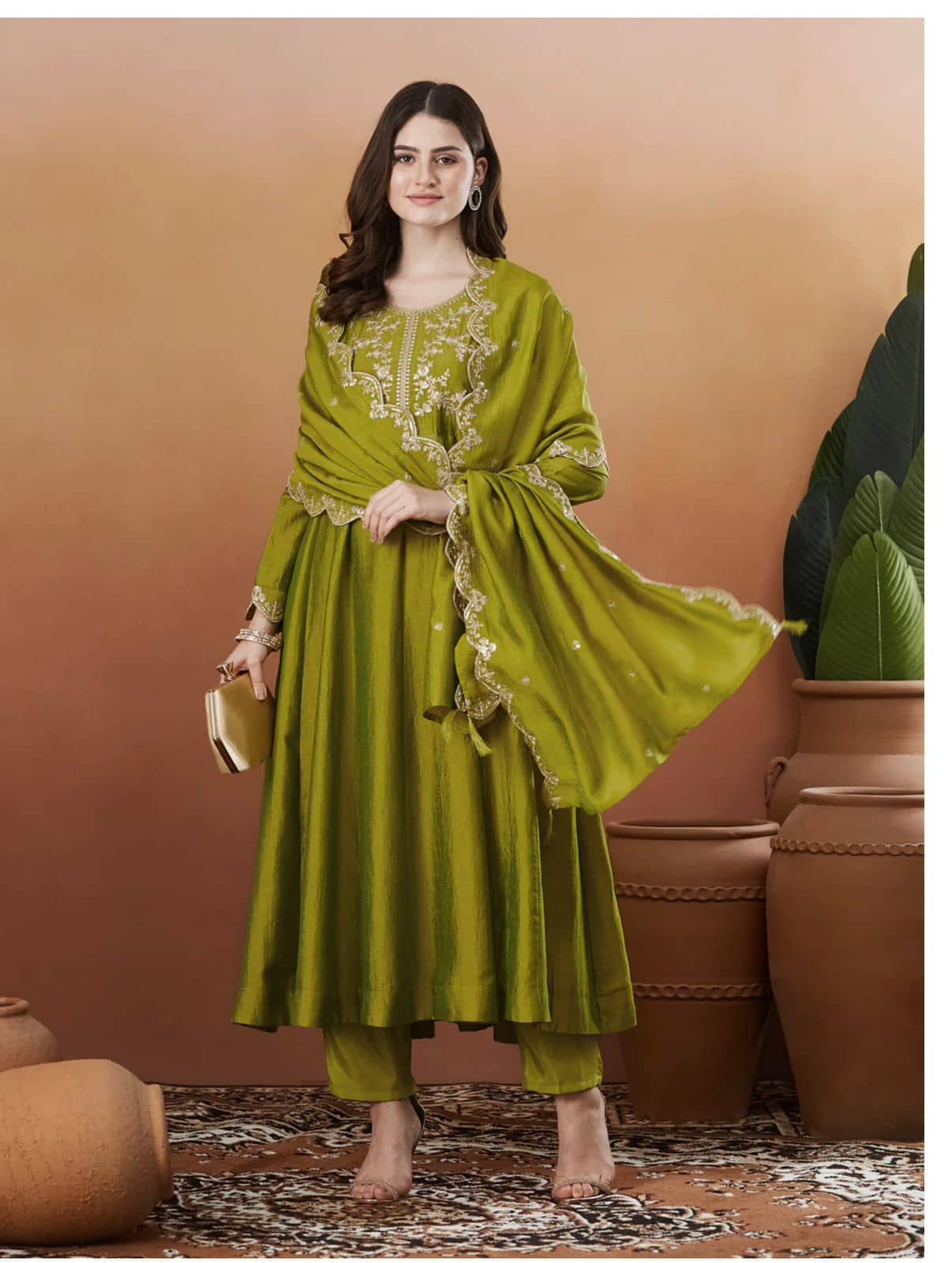 Mahek Fashion Women Silk Blend Embroidered Anarkali Kurti With Pants ( Olive )
