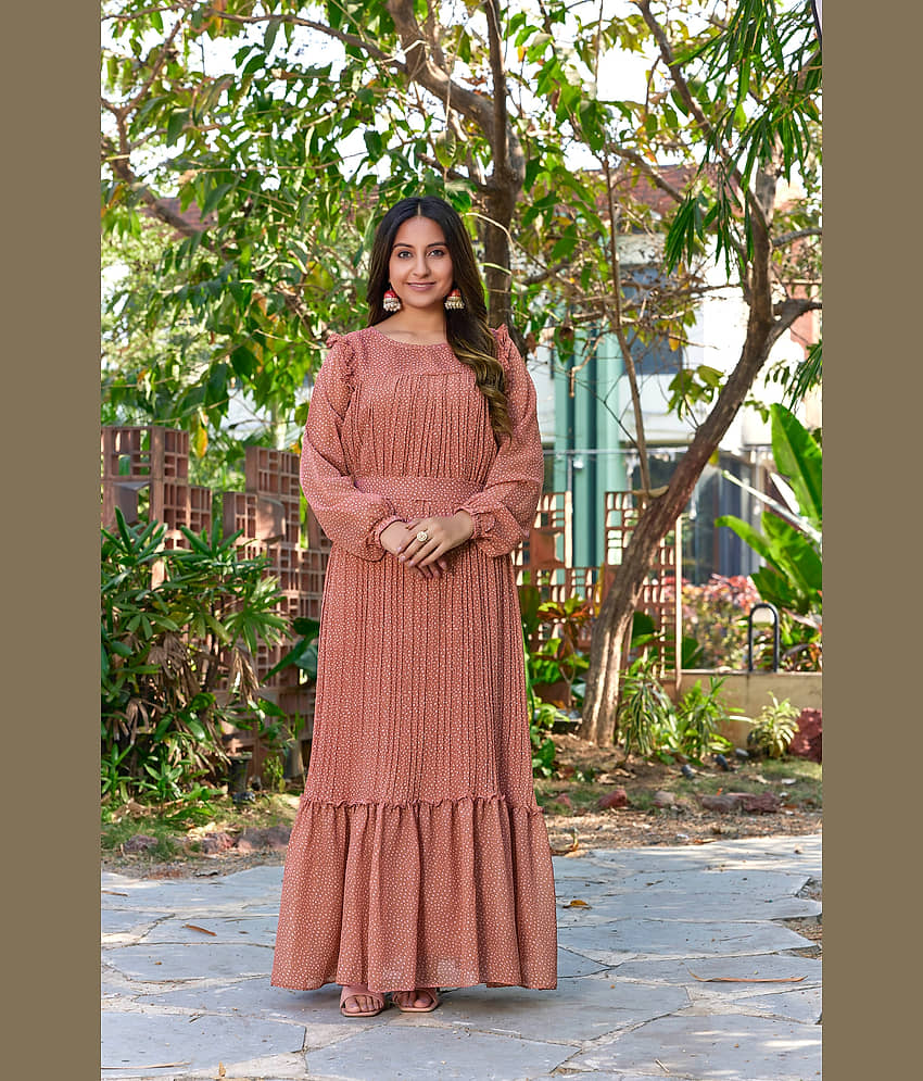SARINKU Women Georgette Anarkali Stitched Ethnic Gown ( Rust ) - Unstitched Fabrics | Buy online on ZillyBuy