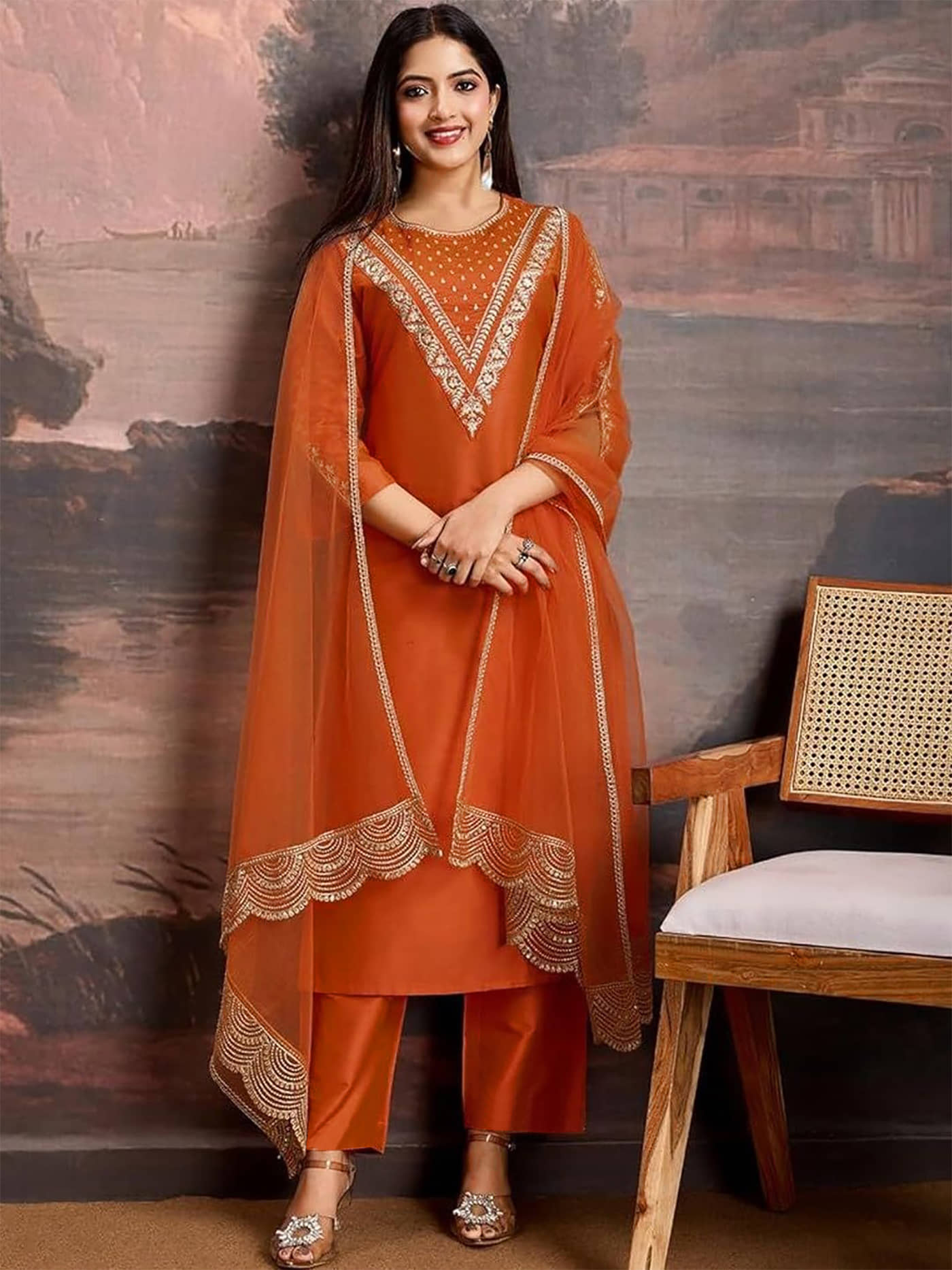 kedar fab Women Cotton Blend Embroidered Straight Kurti With Pants ( Orange )