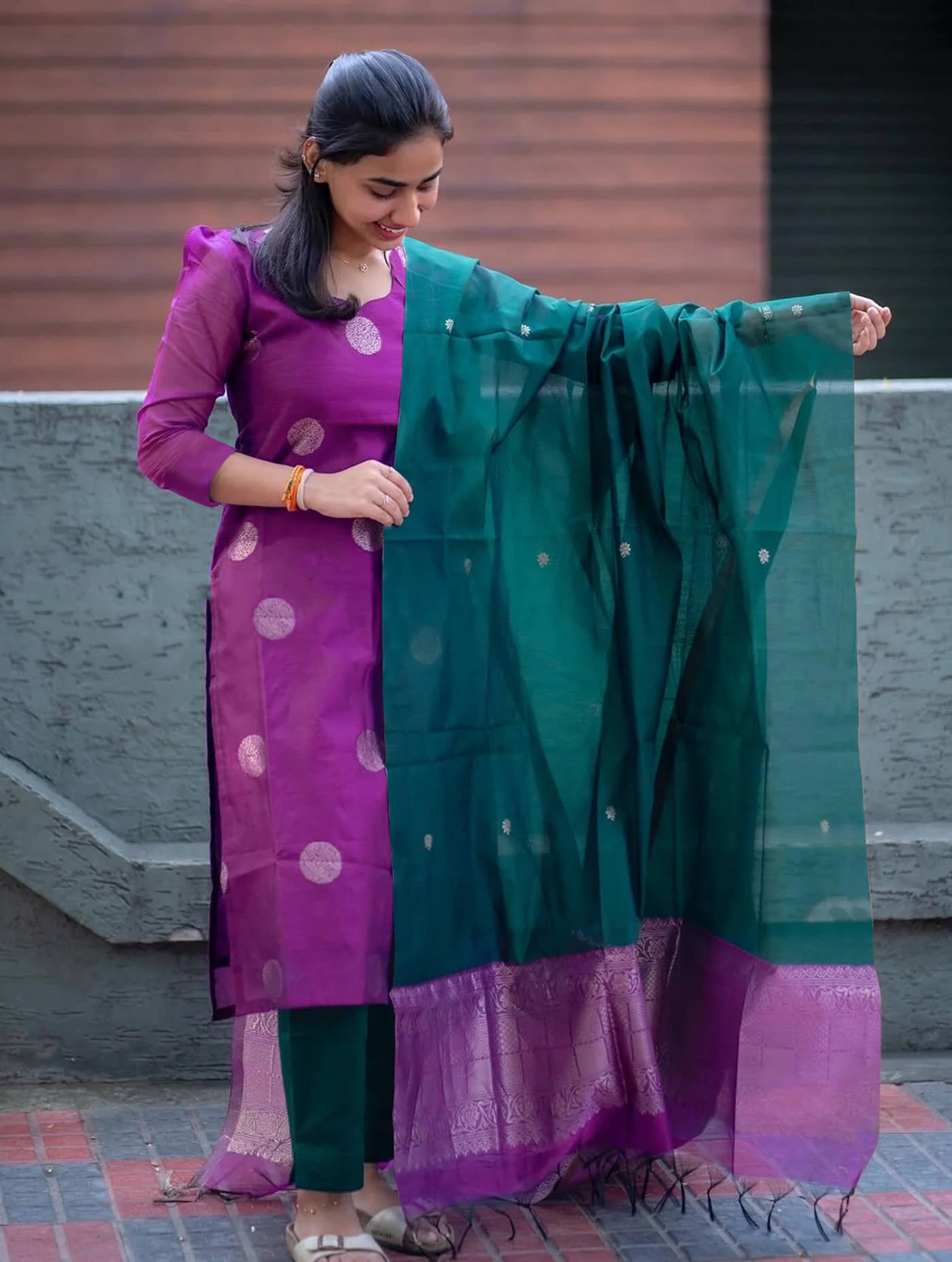 kedar fab Women Silk Blend Self Design Straight Kurti With Pants ( Purple )