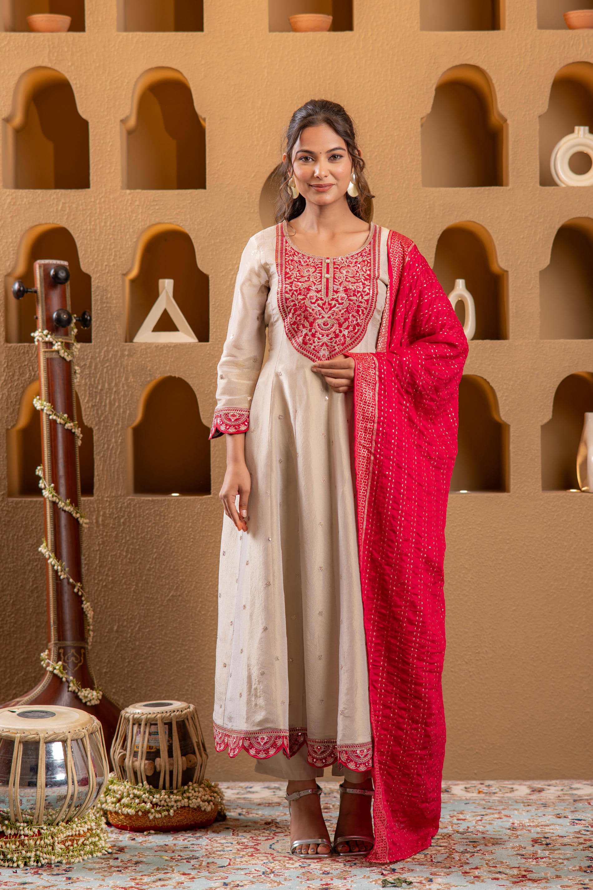 Juniper Women Cotton Blend Embroidered A-line Kurti With Pants ( Beige )