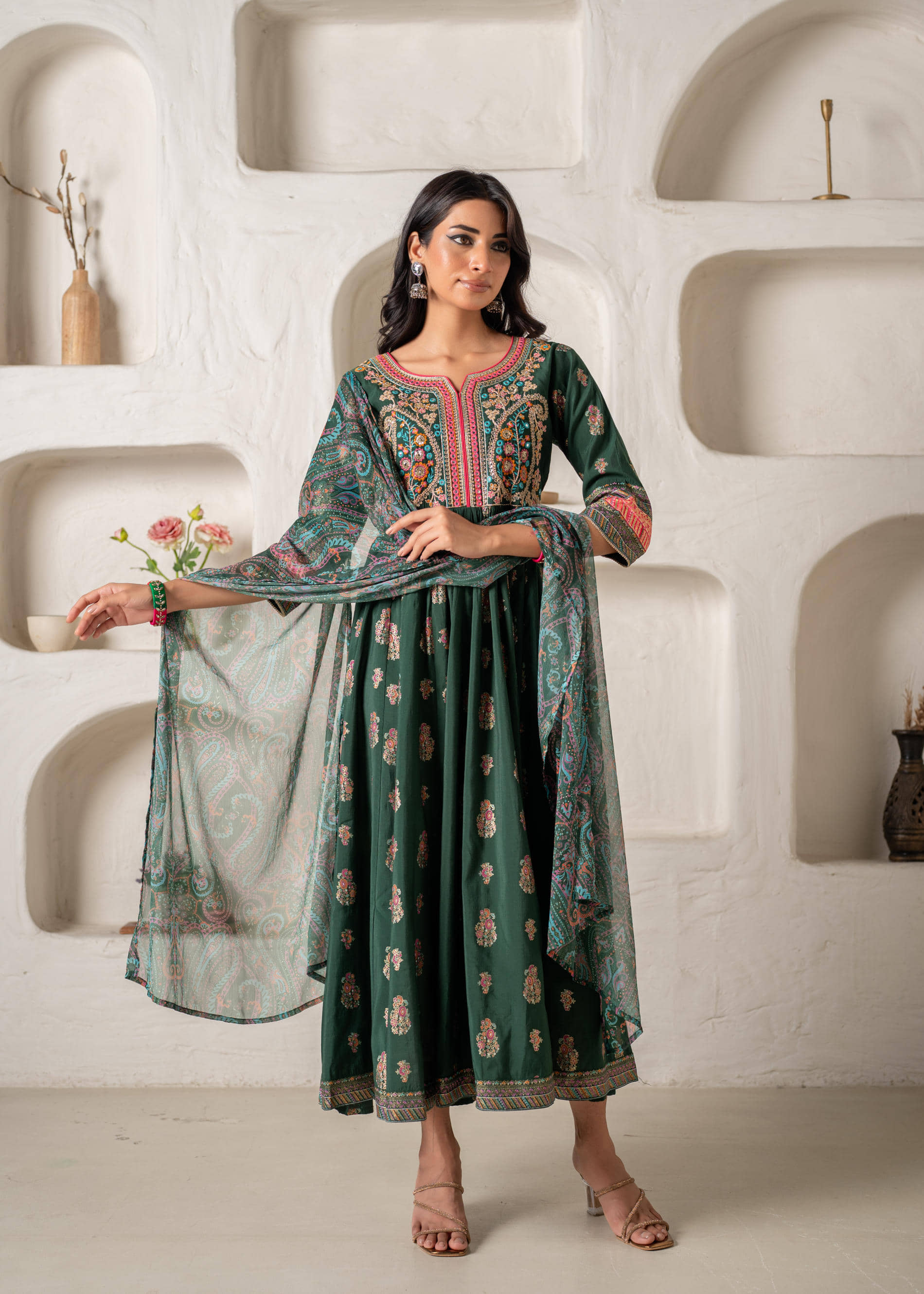 Juniper Women Viscose Embroidered Flared Kurti With Pants ( Green )