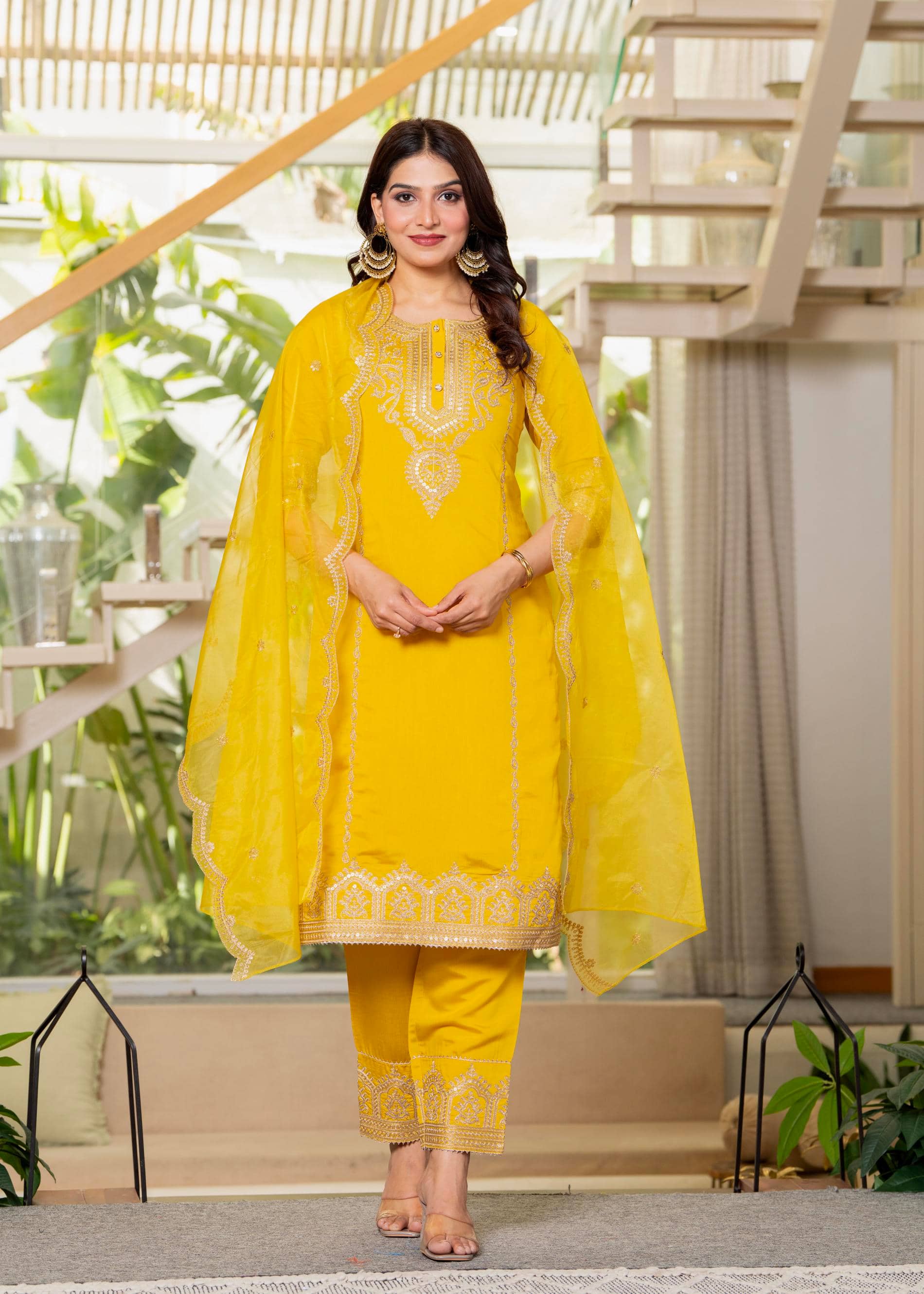 Juniper Women Viscose Embroidered Straight Kurti With Pants ( Mustard )