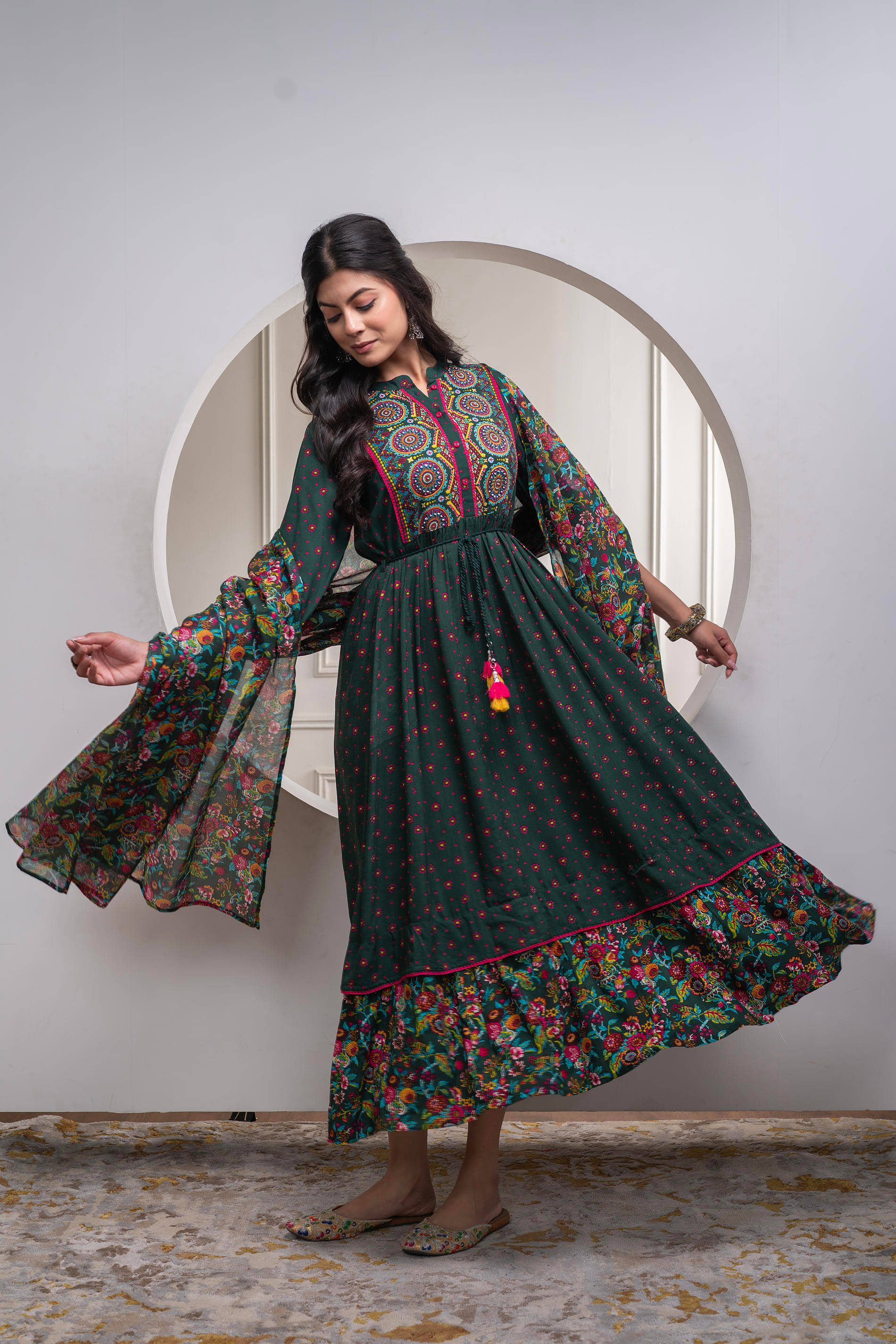 Juniper Women Viscose Printed Fit & Flare Dress ( Green )