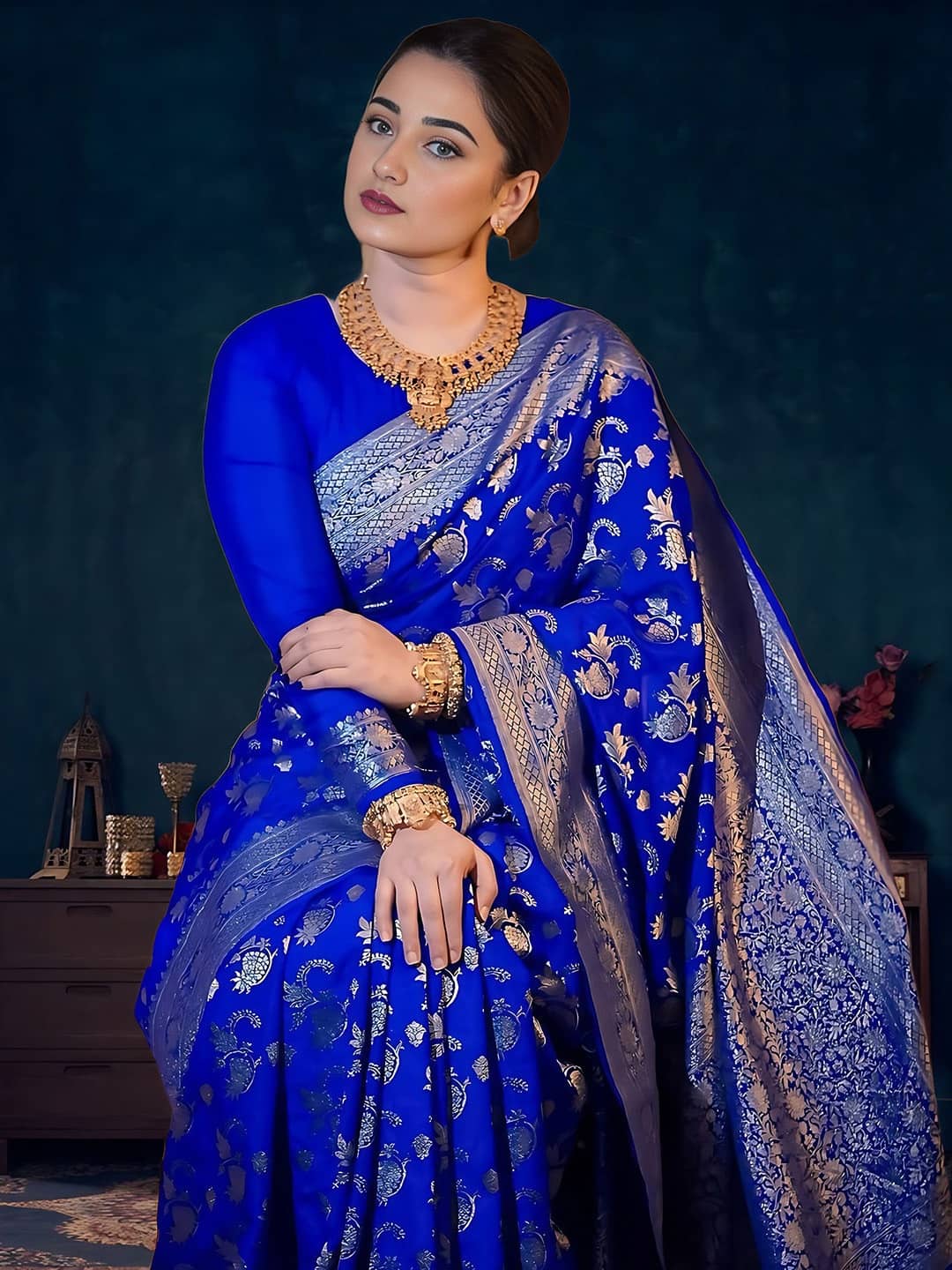 Vastukala Silk Woven Kanjeevaram Sarees With Unstitched Blouse Piece ( Blue ) - Sarees | Buy online on ZillyBuy