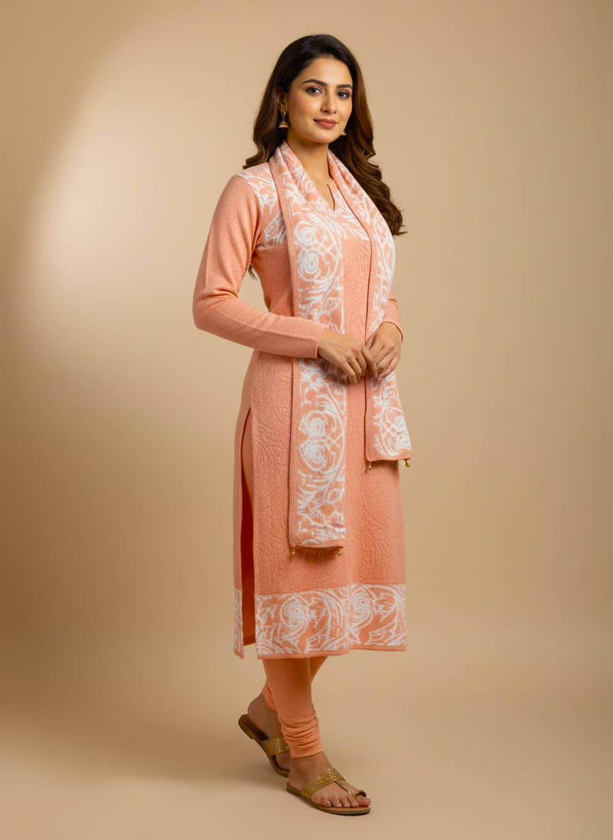 WOOL'S KART Women Woollen Printed A-line Kurti With Palazzo ( Orange )