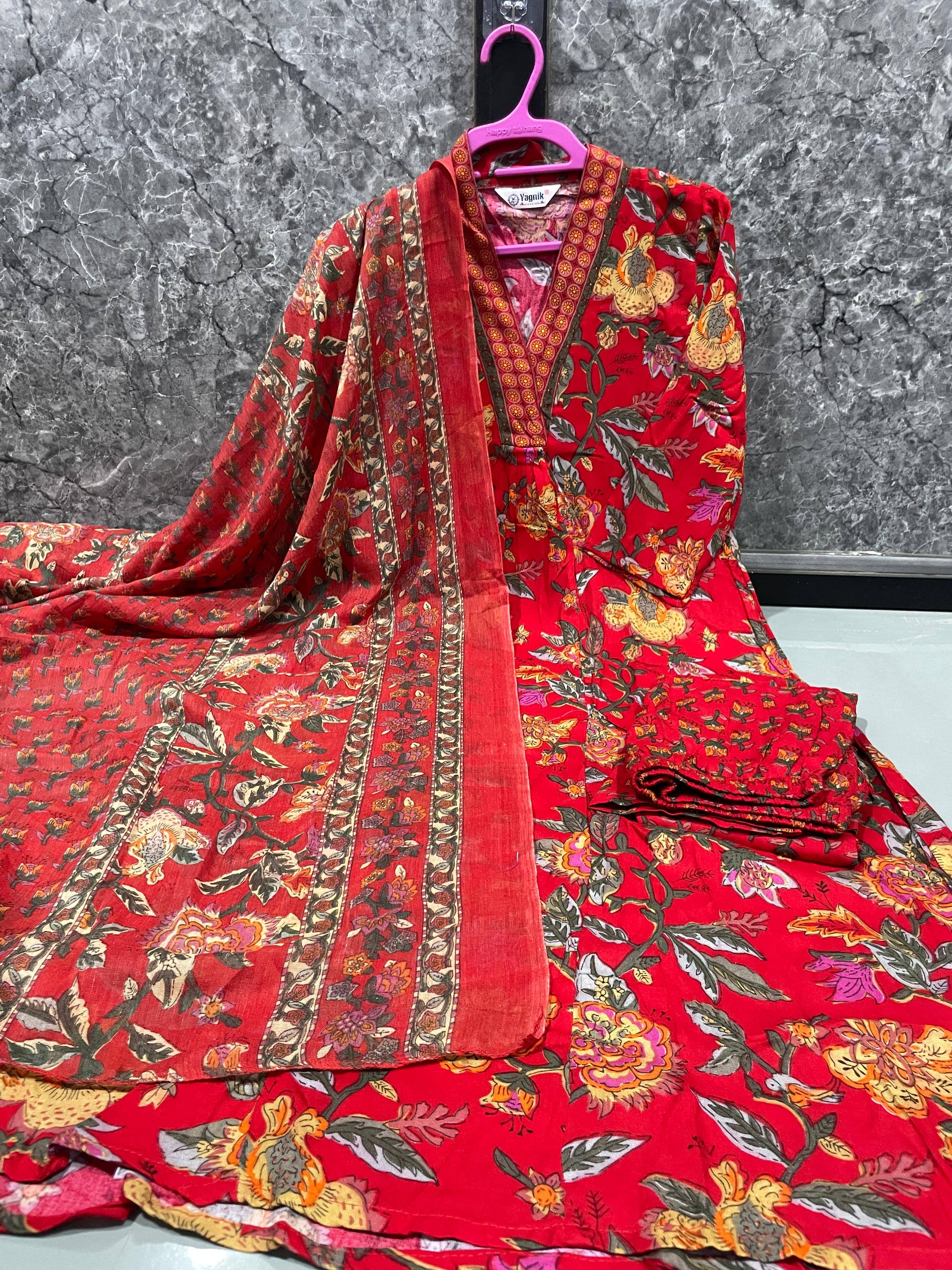 YAGNIK FASHION Women Rayon Self Design Anarkali Kurti With Dhoti Pants ( Red )
