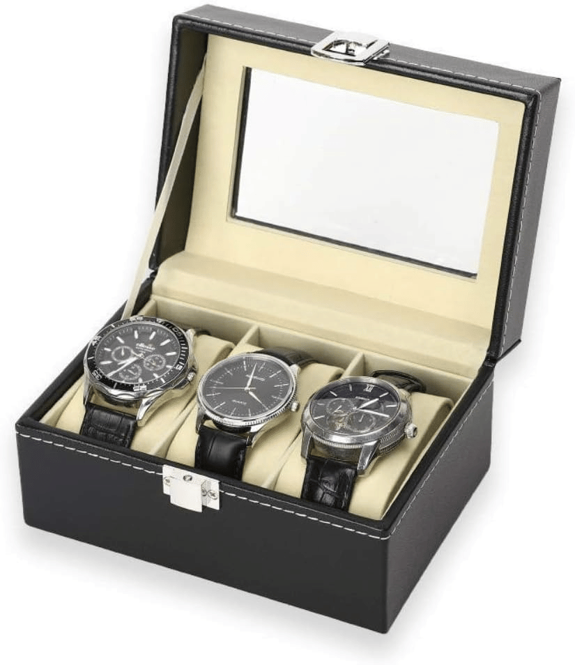 sakimo Premium 3-Slot Watch Box for Men & Women | PU Leather Watch Storage Case with Glass Display, Velvet Interior & Metal Lock