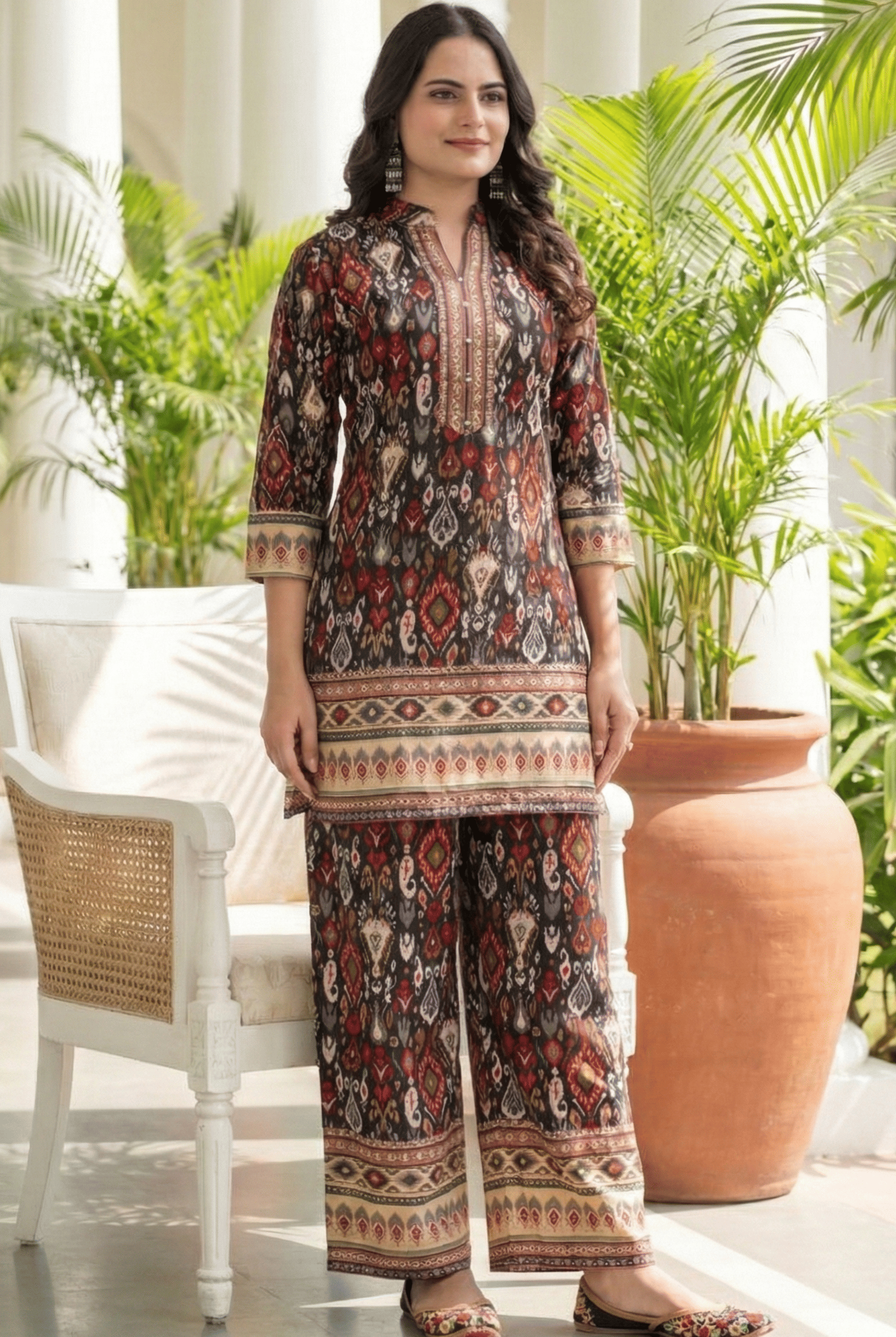 TechieDesigner Women Printed Top With Palazzos Co-Ord Set ( Black )