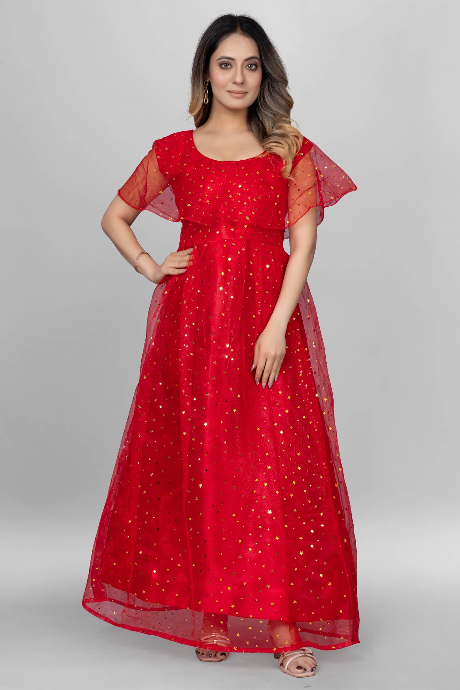 Aika Women Net Flared Stitched Ethnic Gown ( Red ) - Unstitched Fabrics | Buy online on ZillyBuy