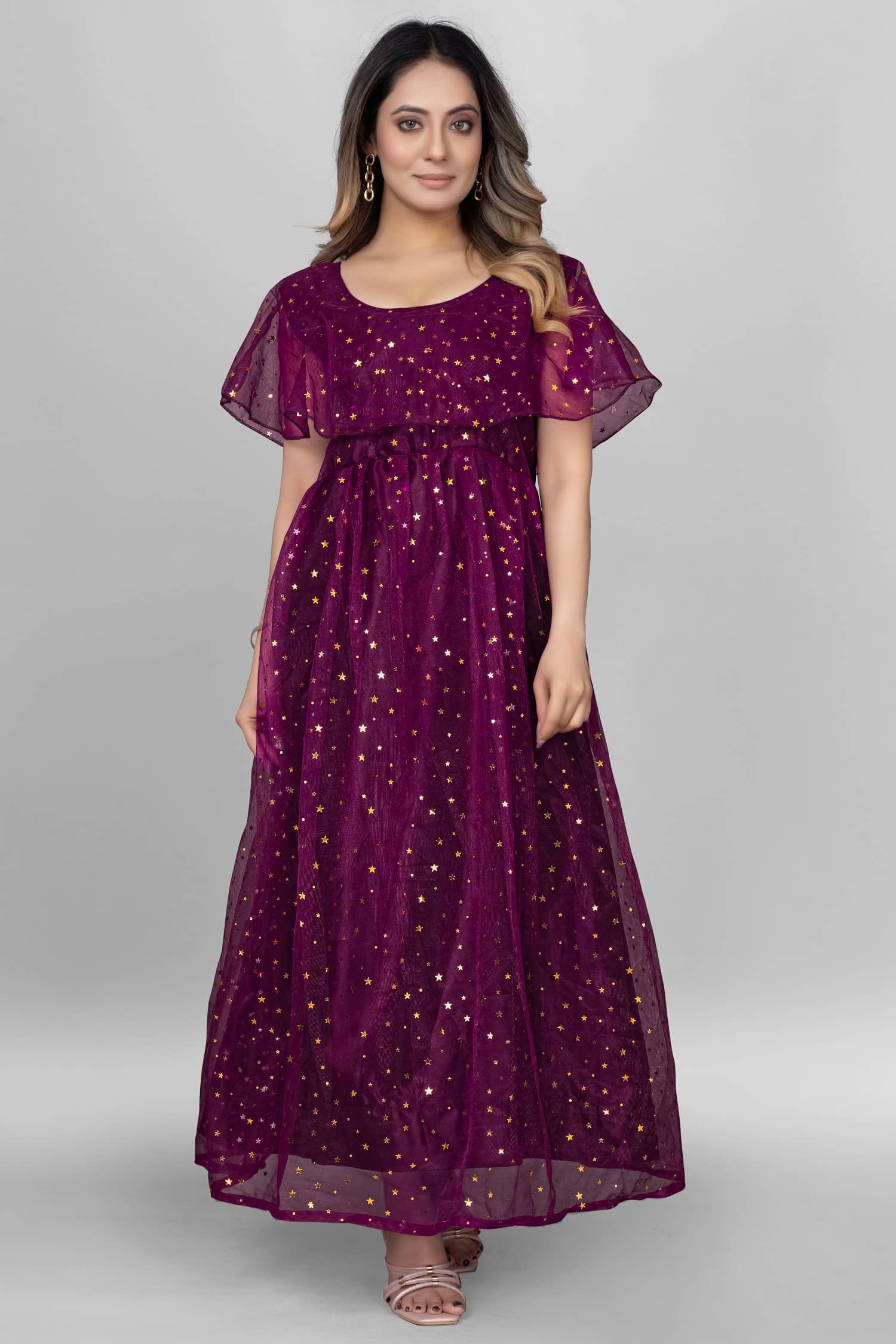 Aika Women Net Flared Stitched Ethnic Gown ( Purple ) - Unstitched Fabrics | Buy online on ZillyBuy