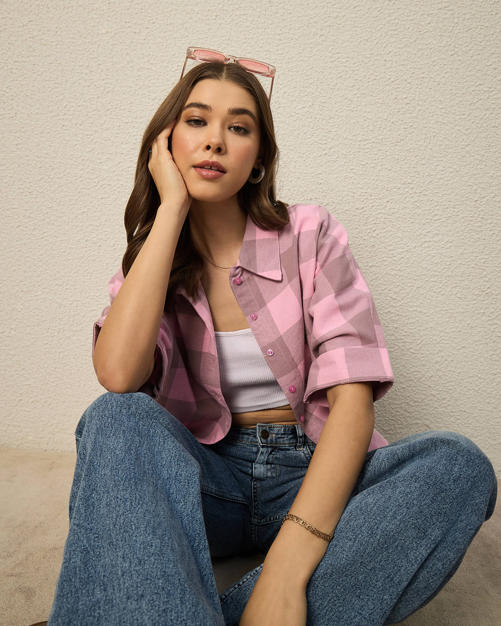 Chimpaaanzee Women Checked Cotton Shirt ( Pink )
