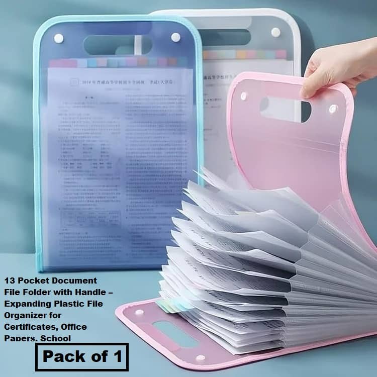 Multi Deal 13 Pocket Document File Folder with Handle – Expanding Plastic File Organizer for Certificates, Office Papers, School Assignments and Travel Documents - Pack of 1