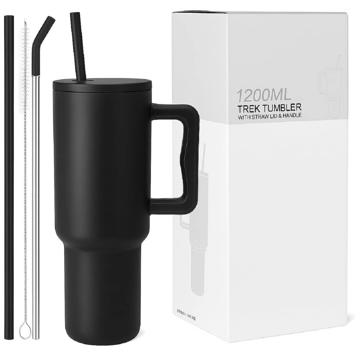 RAMDEV ENTERPRISE Tumbler with Handle and Straw Lid. Black Stainless Steel Sipper Water Bottle 1200 mL ( Set of 1 )