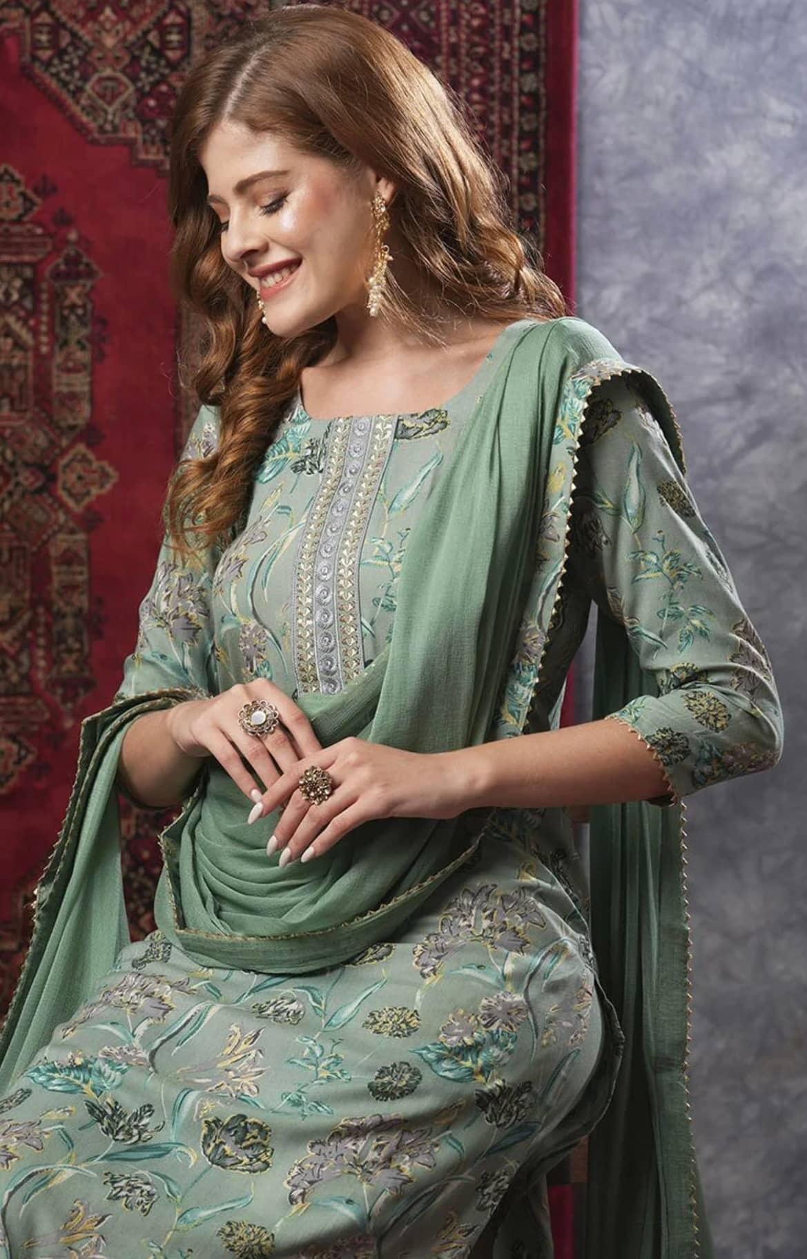YAGNIK FASHION Women Rayon Printed A-line Kurti With Pants ( Green )