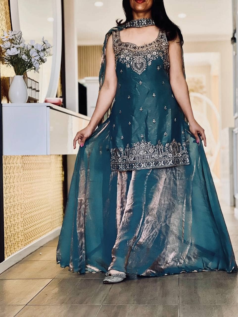 BHAGYASHRAY Women Silk Embroidered Ethnic Motifs Kurti With Salwar ( Teal )