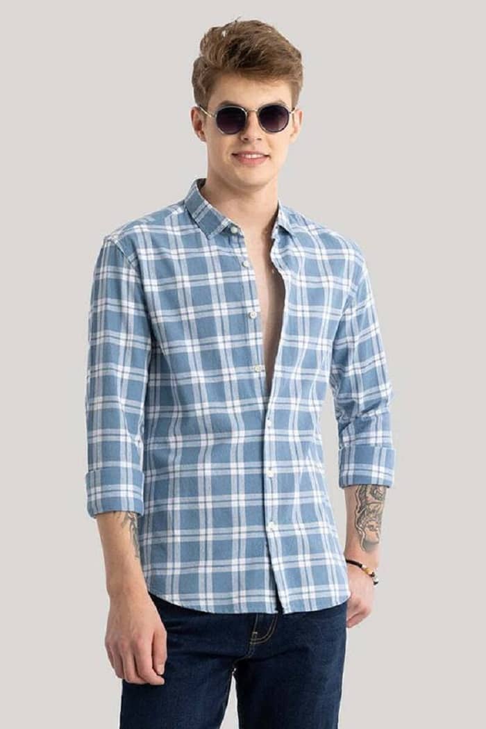 IQIVLI Cotton Blend Regular Fit Checks Full Sleeves Men's Casual Shirt - Light Blue ( Pack of 1 )