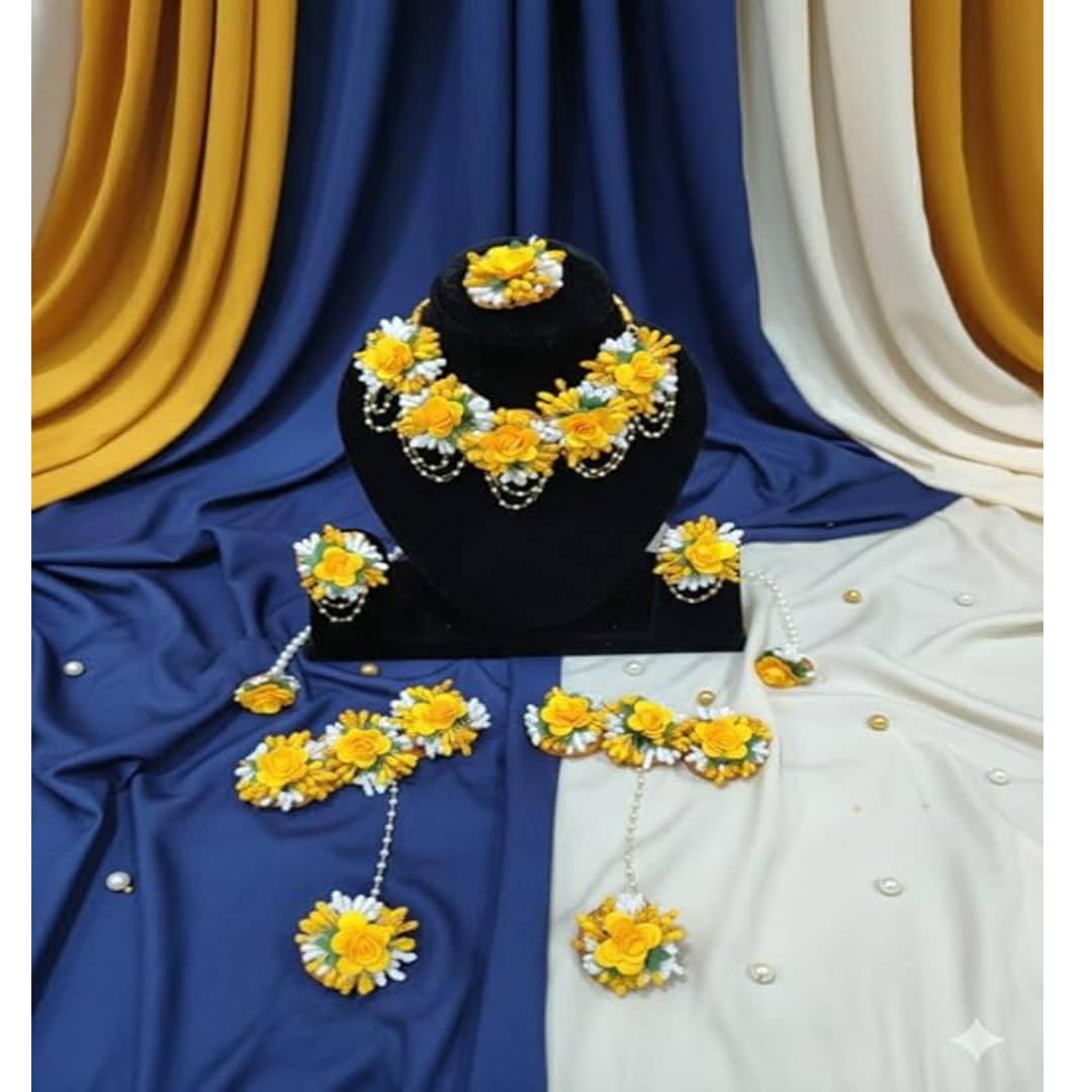 Koogly Floral Jewelry Set with Necklace, Earrings, Maang Tikka, Hathphool, Pink and Yellow, Pearl Accents (Yellow_White Jewellery) - Jewellery Sets | Buy online on ZillyBuy