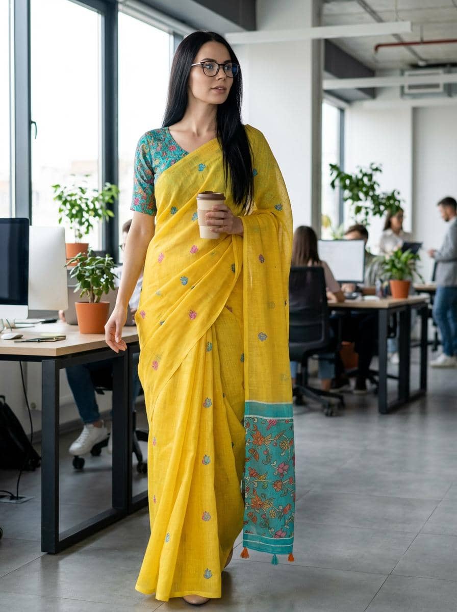 ANAND SAREES Cotton Printed Kasavu Saree With Unstitched Blouse Piece ( YELLOW ) - Sarees | Buy online on ZillyBuy