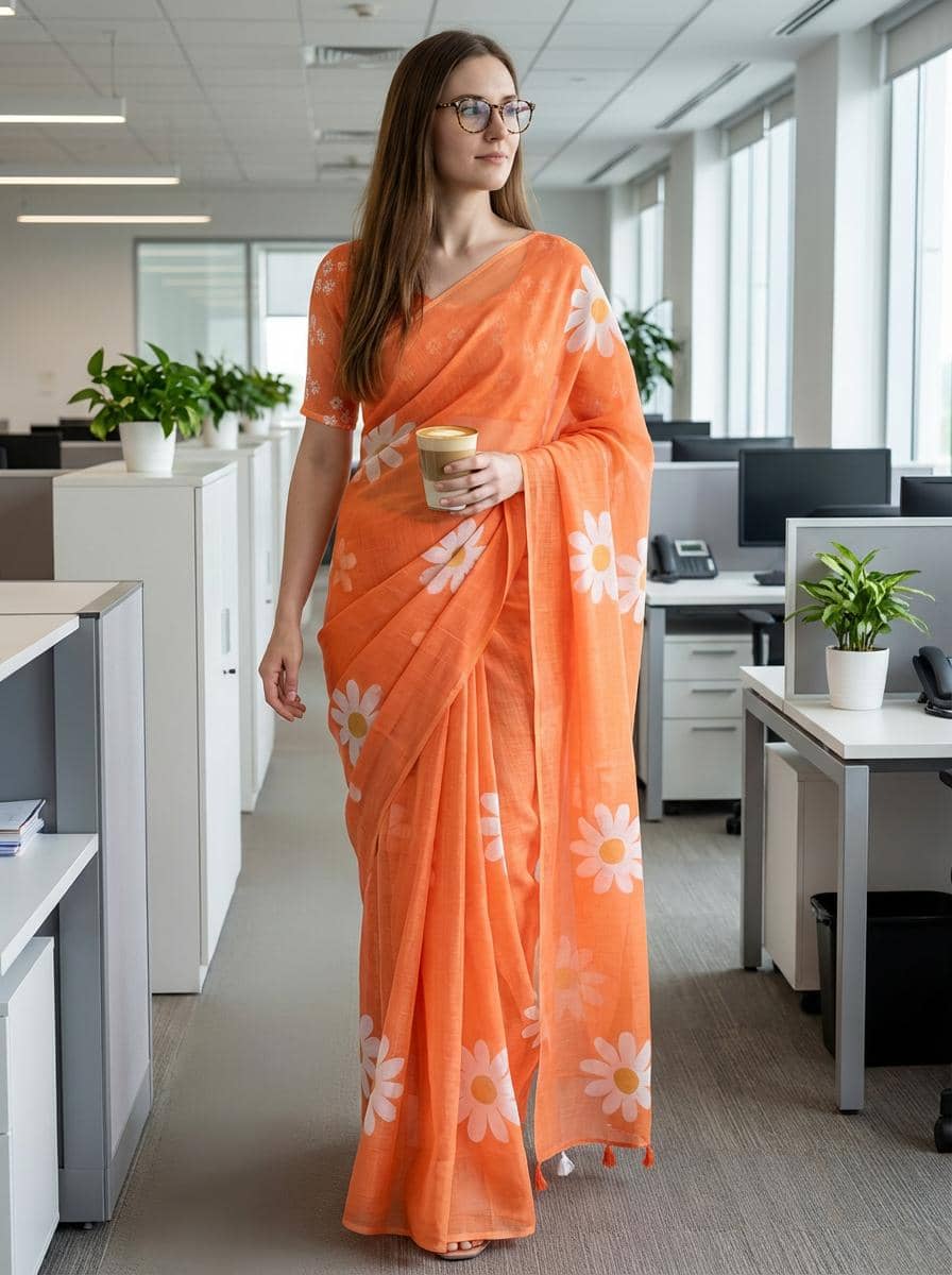 ANAND SAREES Cotton Printed Kasavu Saree With Unstitched Blouse Piece ( PINK ) - Sarees | Buy online on ZillyBuy