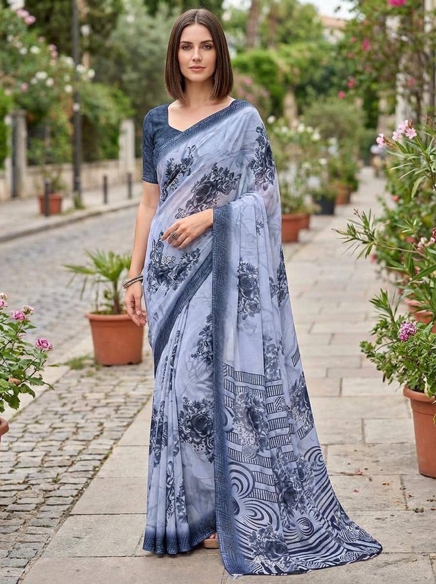 ANAND SAREES Georgette Printed Kasavu Saree With Unstitched Blouse Piece ( BLUE ) - Sarees | Buy online on ZillyBuy