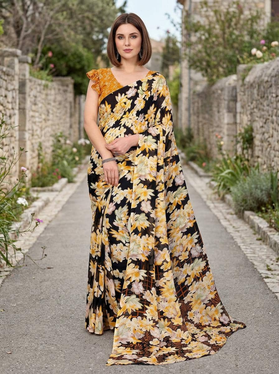 ANAND SAREES Georgette Printed Kasavu Saree With Unstitched Blouse Piece ( YELLOW ) - Sarees | Buy online on ZillyBuy