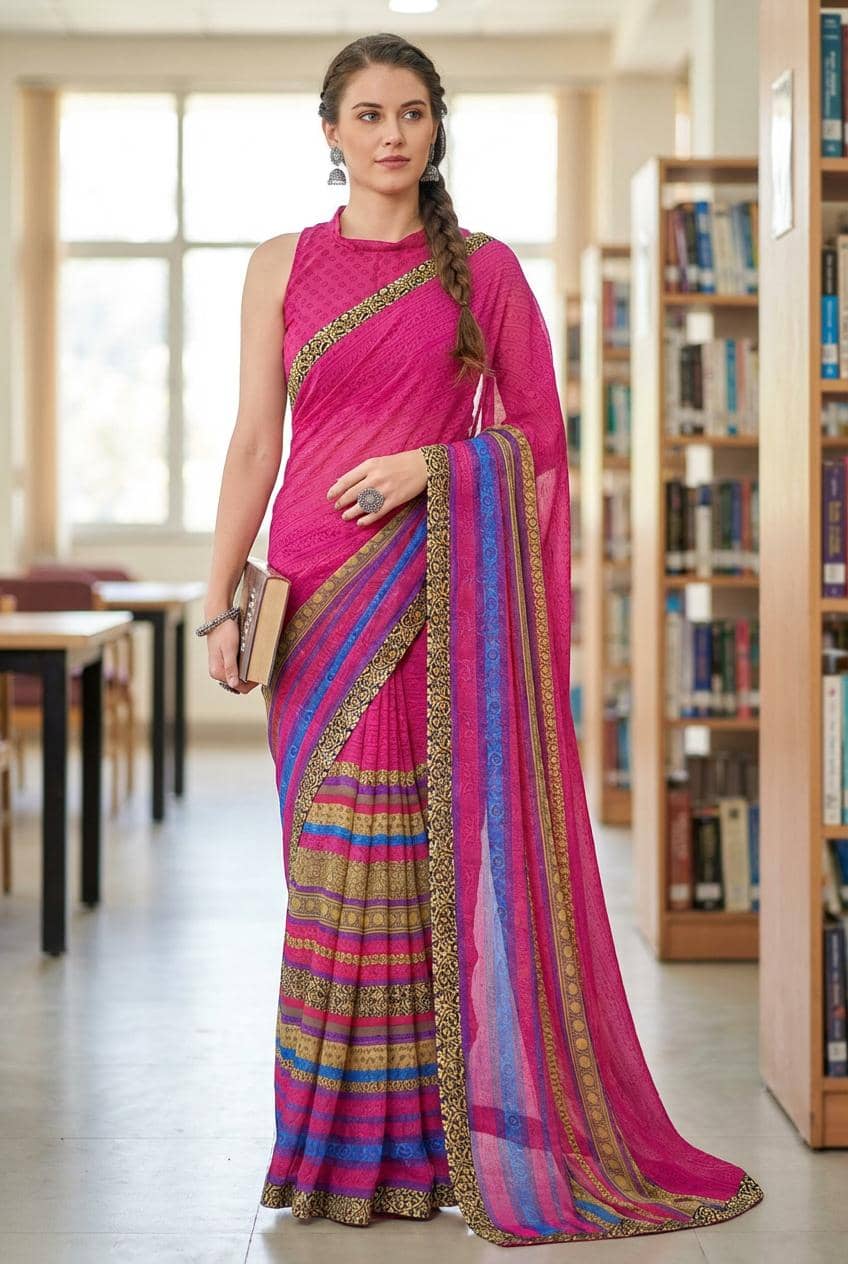 ANAND SAREES Georgette Printed Kasavu Saree With Unstitched Blouse Piece ( PINK ) - Sarees | Buy online on ZillyBuy