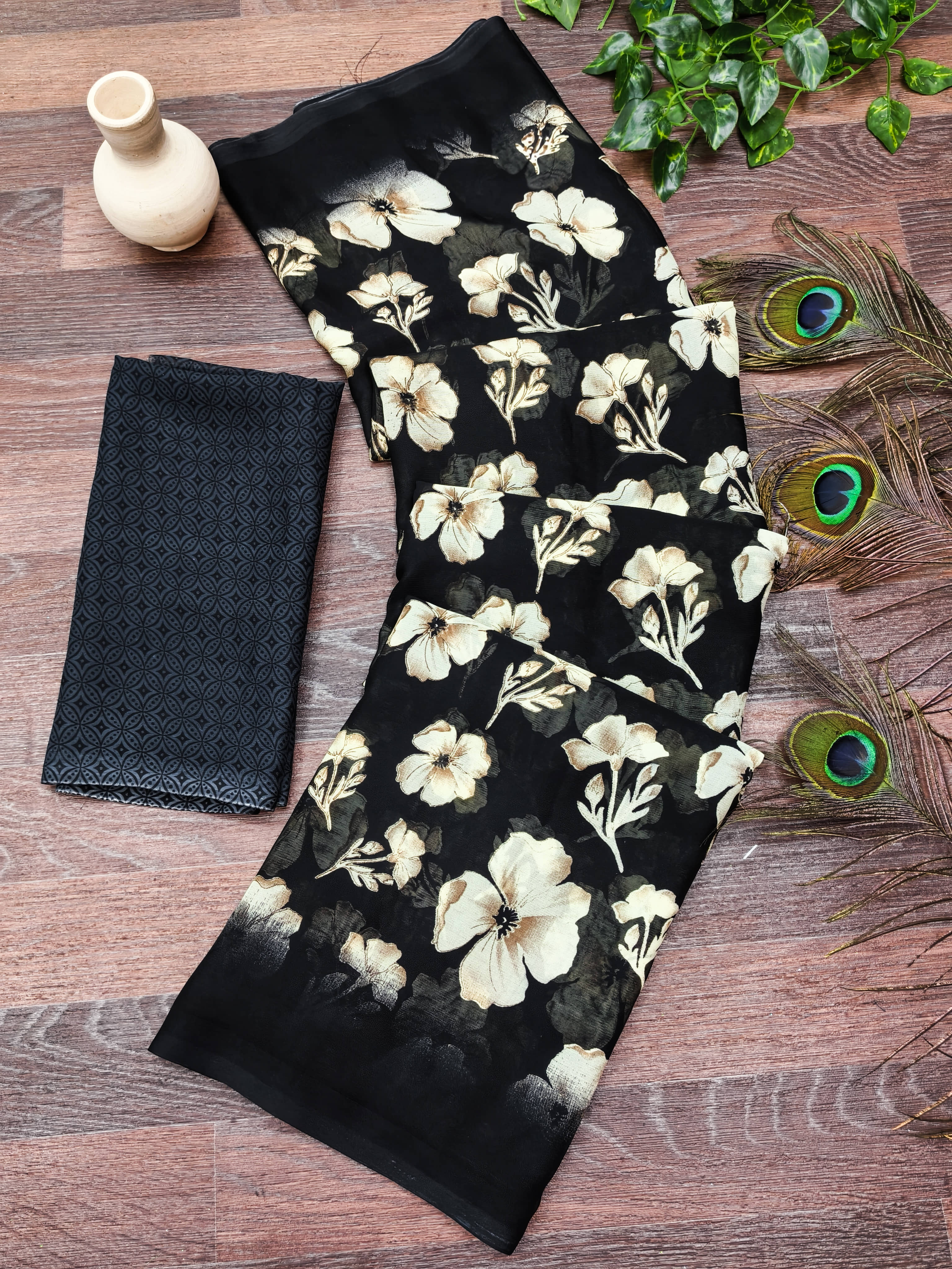 ANAND SAREES Georgette Printed Regular Saree With Unstitched Blouse Piece ( Black ) - Sarees | Buy online on ZillyBuy