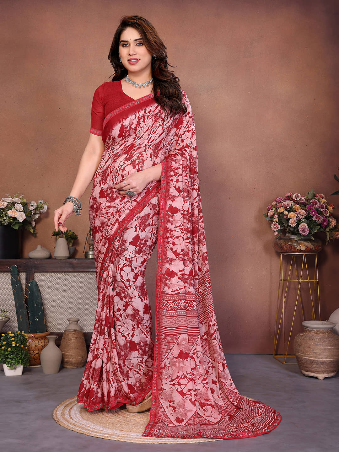 ANAND SAREES Georgette Printed Regular Saree With Unstitched Blouse Piece ( Red ) - Sarees | Buy online on ZillyBuy