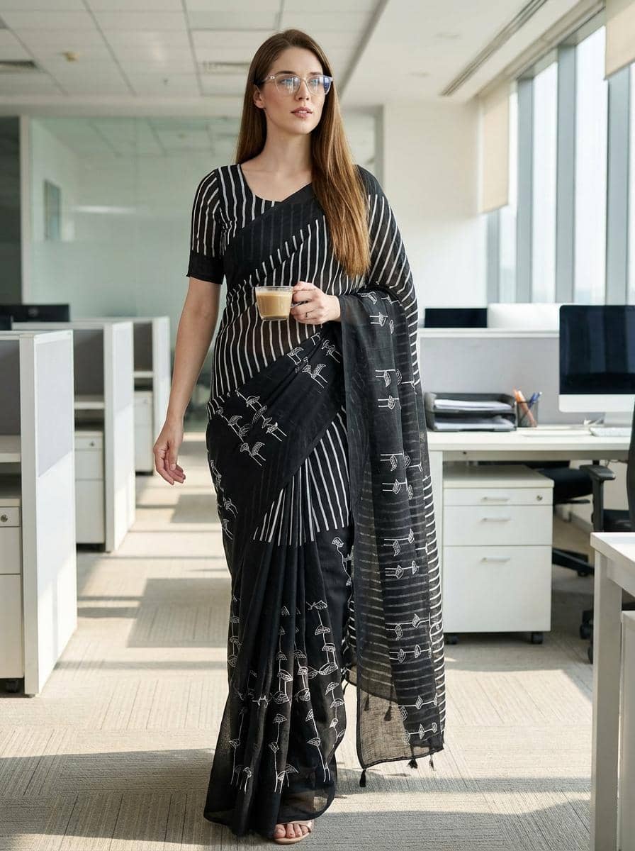 Kashvi Sarees Cotton Printed Kasavu Saree With Unstitched Blouse Piece ( BLACK ) - Sarees | Buy online on ZillyBuy