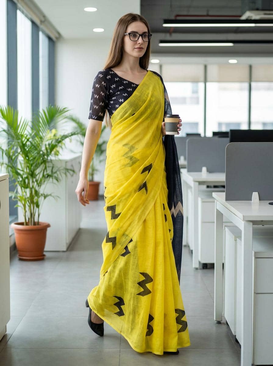Kashvi Sarees Cotton Printed Kasavu Saree With Unstitched Blouse Piece ( YELLOW )