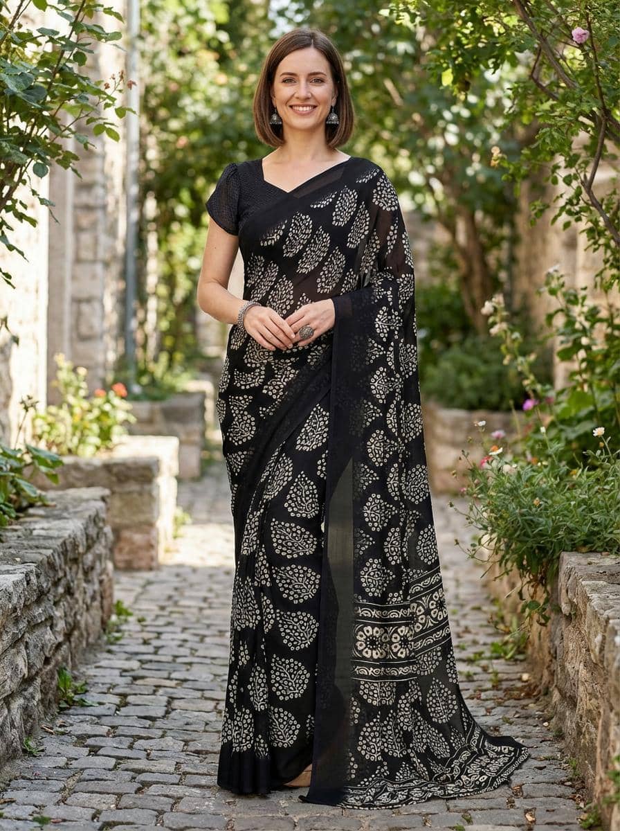 Kashvi Sarees Georgette Printed Kasavu Saree With Unstitched Blouse Piece ( BLACK ) - Sarees | Buy online on ZillyBuy